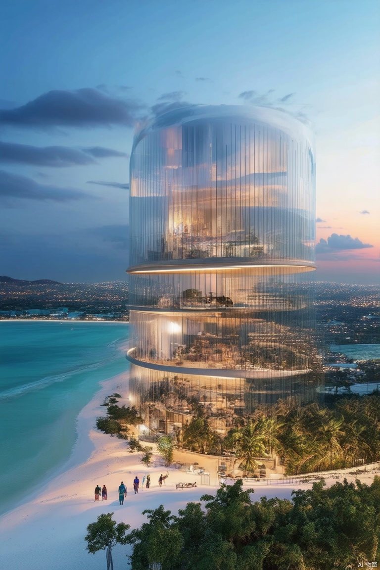 At dusk, a future coastal city shows its unique charm under the skyline, its design cleverly fusing the harmony between modern civilization and nature. The floating buildings are a dream-like spectacle, and the glass curtain walls are like giant color palettes, reflecting the sunset clouds in the sky like a picturesque scene. Leisurely people strolled along the long white sand beach, enjoying the breeze of the sea. This tropical paradise, with its turquoise seas, lush vegetation and pristine white sand, and a high-tech eco-residential area powered by sustainable energy, shows respect for and protection of the environment.