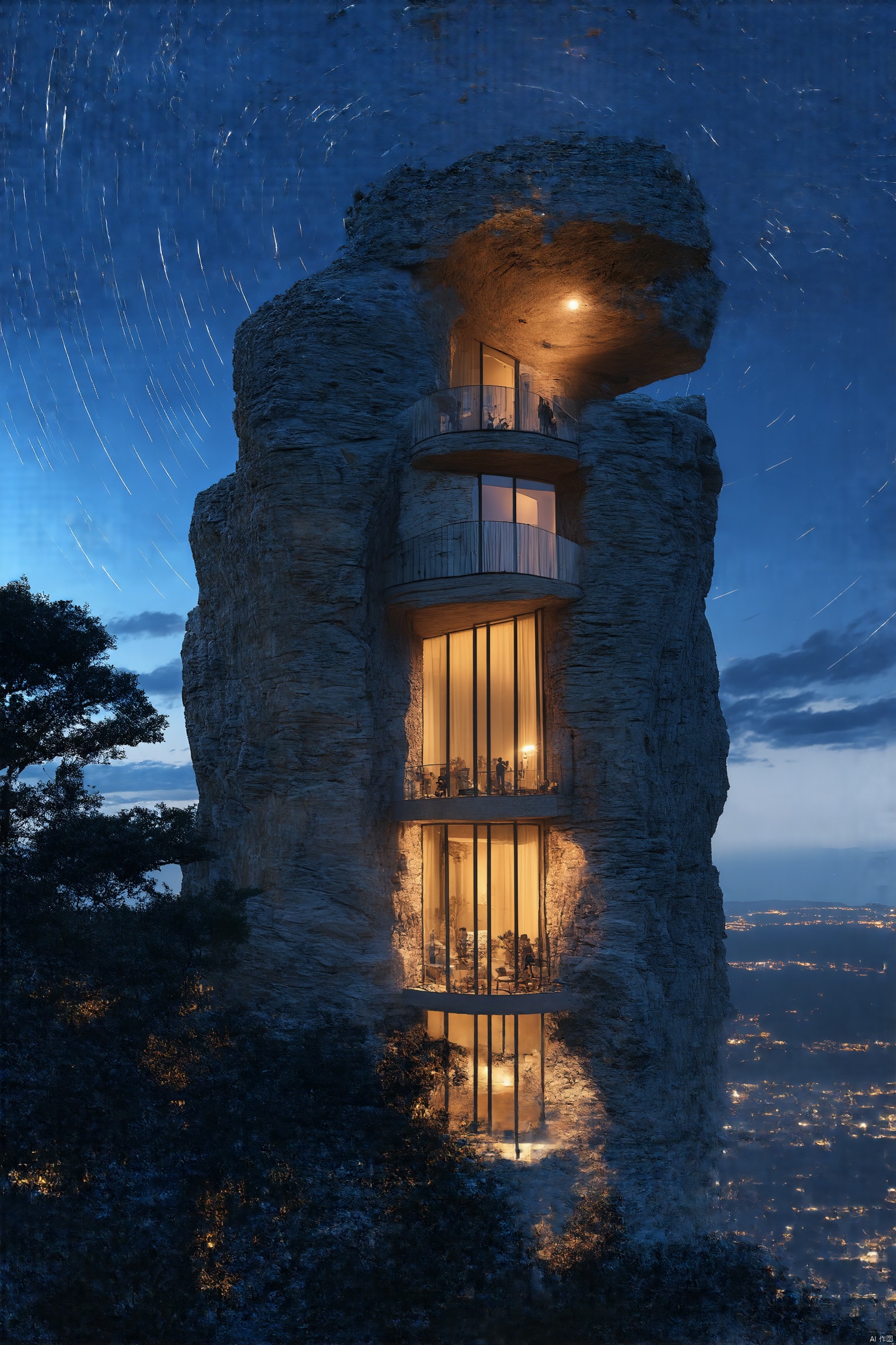 Architectural rendering,architectural design,Rock architecture,Rock buildings,sky,no humans,scenery,building,lighting,balcony,French window,room,city,Installation Art,best quality,masterpiece,highers,4k,8k,realistic,starry night,star trails,earth rotation,long exposure,celestial pole,silhouette,tree contrast,night sky,circular star paths,natural world movement,time passage,sky photography,