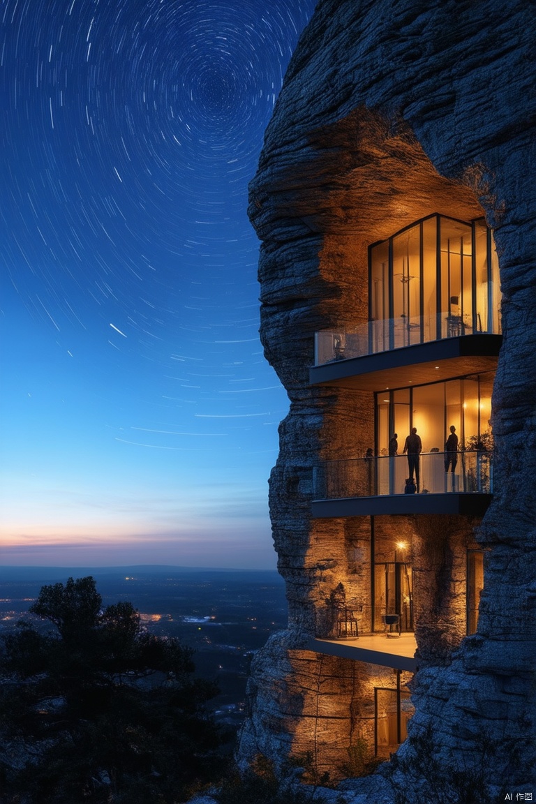 Architectural rendering,architectural design,Rock architecture,Rock buildings,sky,no humans,scenery,building,lighting,balcony,French window,room,city,Installation Art,best quality,masterpiece,highers,4k,8k,realistic,starry night,star trails,earth rotation,long exposure,celestial pole,silhouette,tree contrast,night sky,circular star paths,natural world movement,time passage,sky photography,