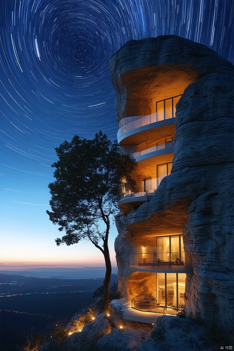 Architectural rendering,architectural design,Rock architecture,Rock buildings,sky,no humans,scenery,building,lighting,balcony,French window,room,city,Installation Art,best quality,masterpiece,highers,4k,8k,realistic,starry night,star trails,earth rotation,long exposure,celestial pole,silhouette,tree contrast,night sky,circular star paths,natural world movement,time passage,sky photography,