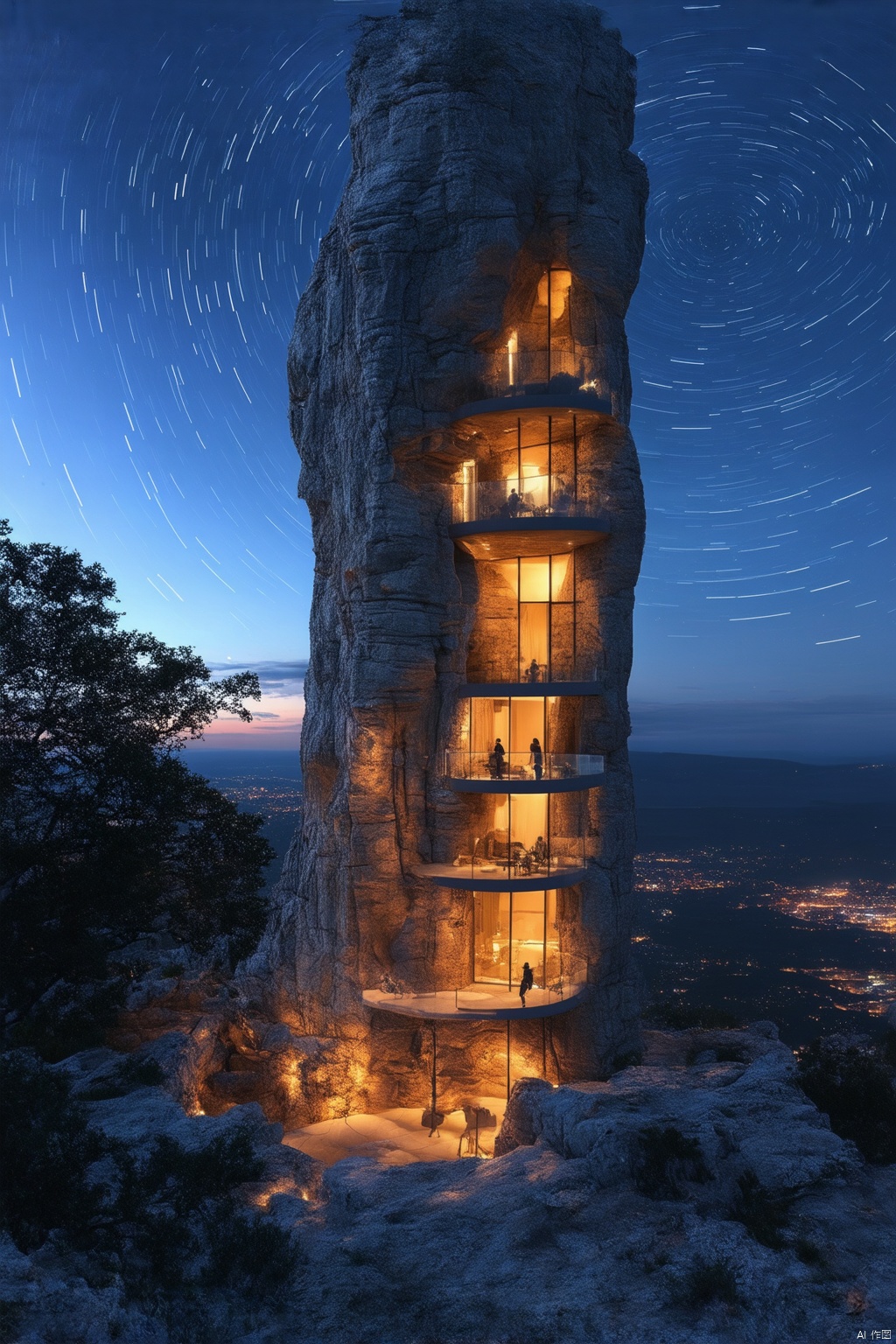 Architectural rendering,architectural design,Rock architecture,Rock buildings,sky,no humans,scenery,building,lighting,balcony,French window,room,city,Installation Art,best quality,masterpiece,highers,4k,8k,realistic,starry night,star trails,earth rotation,long exposure,celestial pole,silhouette,tree contrast,night sky,circular star paths,natural world movement,time passage,sky photography,