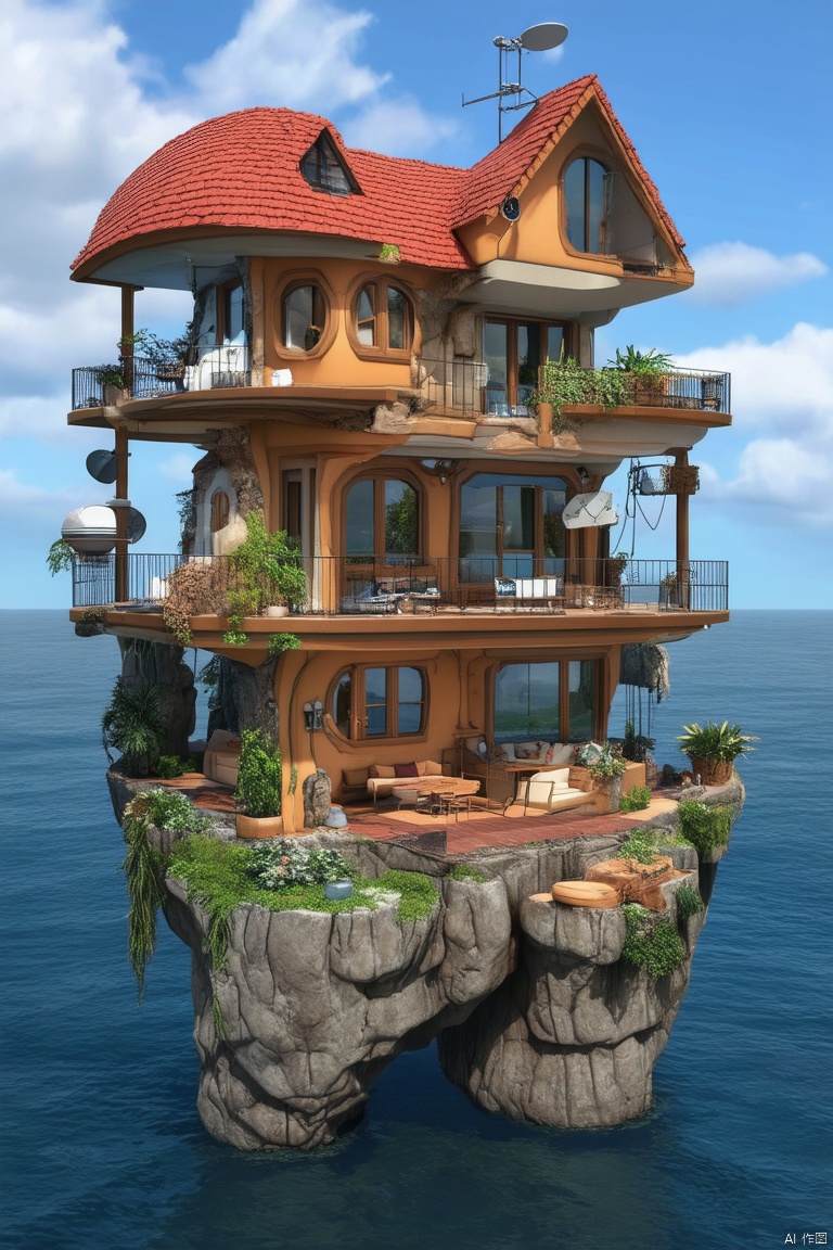 The image showcases a whimsical and intricately designed house that appears to be floating above the water. The house has multiple levels, with a prominent red-tiled roof, multiple windows, and various decorative elements. There are antennas, a satellite dish, and other technological devices attached to the house. The house is surrounded by a deck with seating, plants, and a table. Below the house, there's a large rock formation that supports the house. The backdrop is a serene blue sky with fluffy white clouds.