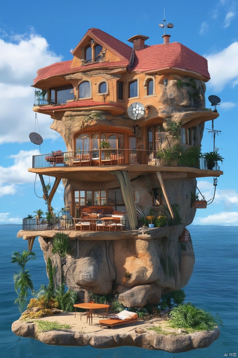 The image showcases a whimsical and intricately designed house that appears to be floating above the water. The house has multiple levels, with a prominent red-tiled roof, multiple windows, and various decorative elements. There are antennas, a satellite dish, and other technological devices attached to the house. The house is surrounded by a deck with seating, plants, and a table. Below the house, there's a large rock formation that supports the house. The backdrop is a serene blue sky with fluffy white clouds.