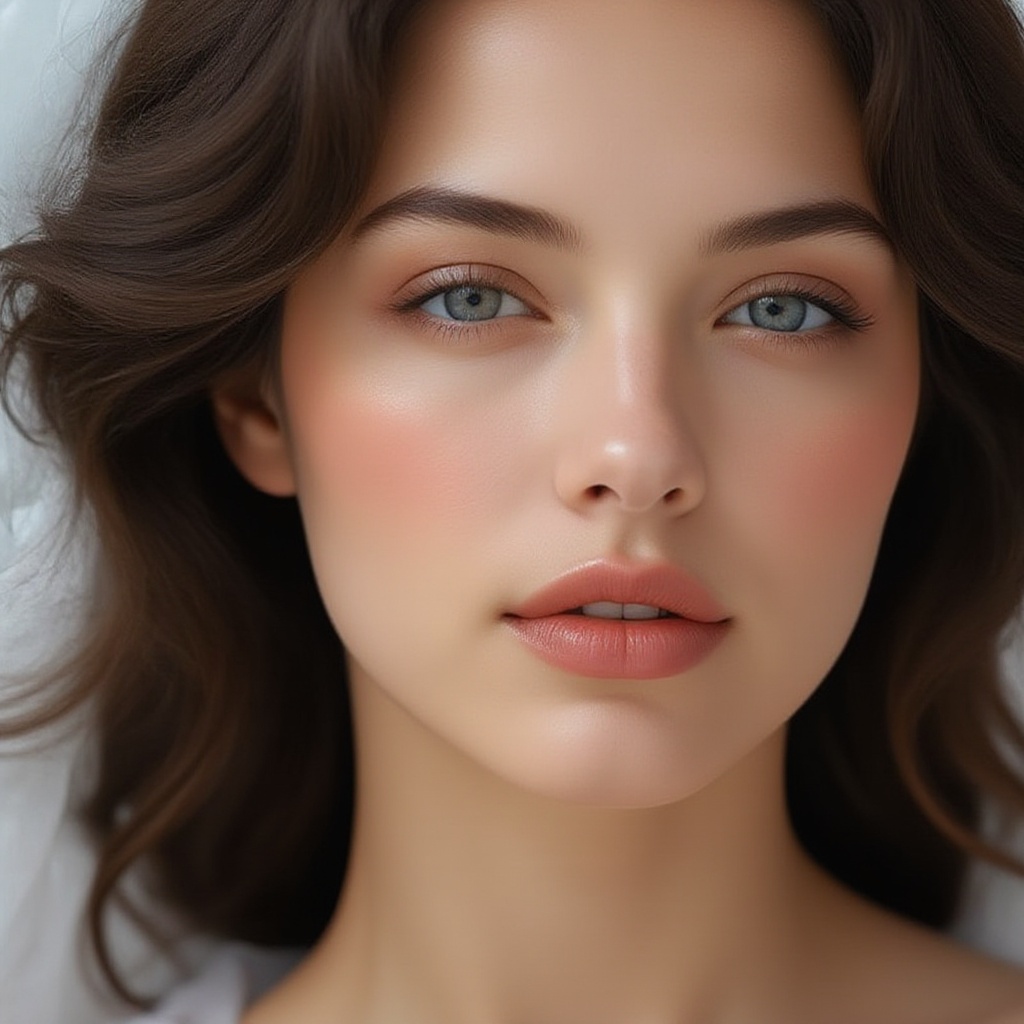 A close-up shot of a woman's face,  taken from a low-angle perspective. The woman's head is facing the right side of the f...