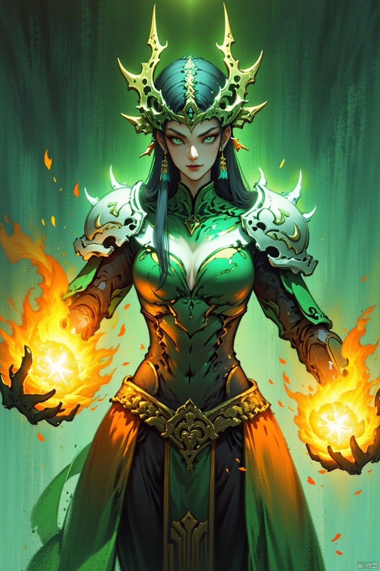 Soul Destroyer, God Hela, a female cyborg as God Hela wearing futuristic armor holding glowing orange fire balls in her hands, light green color tone, highly detailed, ultra-high resolutions, 32K UHD, best quality, masterpiece,kongkong