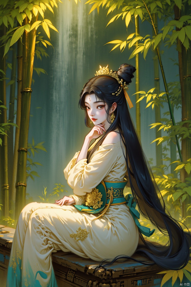 A serene Chinese beauty sits on a intricately carved wooden stool, surrounded by lush greenery in a traditional garden setting. Soft, golden light filters through the bamboo shoots, illuminating her delicate features and long black hair that cascades down her back like a waterfall. Her eyes gaze softly into the distance, a hint of melancholy on her porcelain-doll complexion.