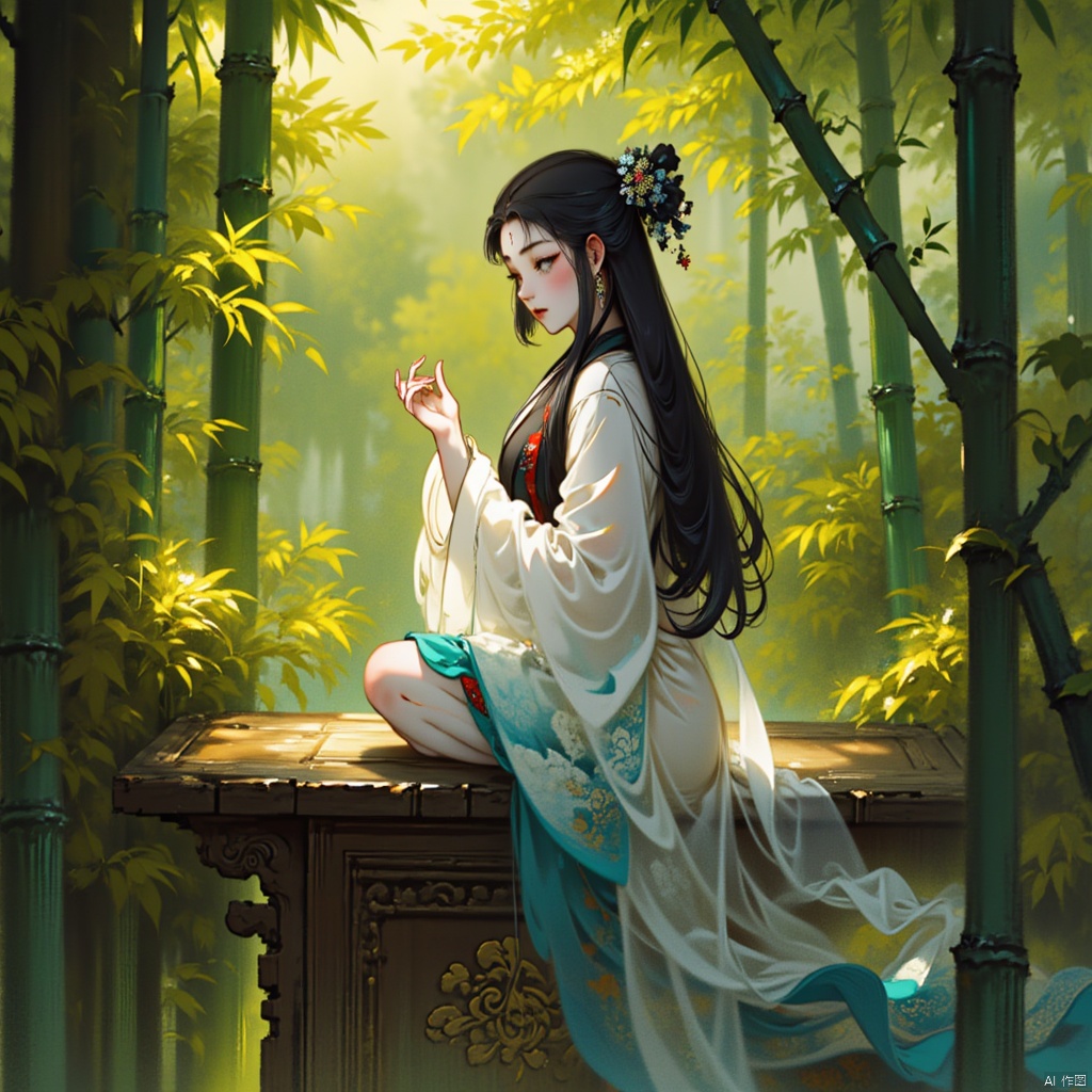 A serene Chinese beauty sits on a intricately carved wooden stool, surrounded by lush greenery in a traditional garden setting. Soft, golden light filters through the bamboo shoots, illuminating her delicate features and long black hair that cascades down her back like a waterfall. Her eyes gaze softly into the distance, a hint of melancholy on her porcelain-doll complexion.,kongkong