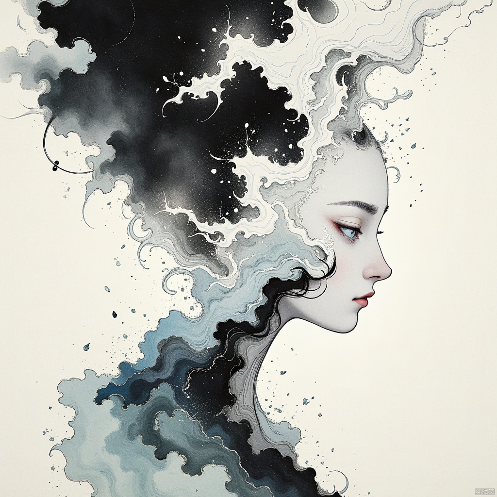 Fantasy Chinese style illustration,The girl in 'Fluid Fragments',morphing seamlessly between an array of abstract white and black compositions,each transformation transcending traditional definition and expectation,,,yinghuo,kongkong