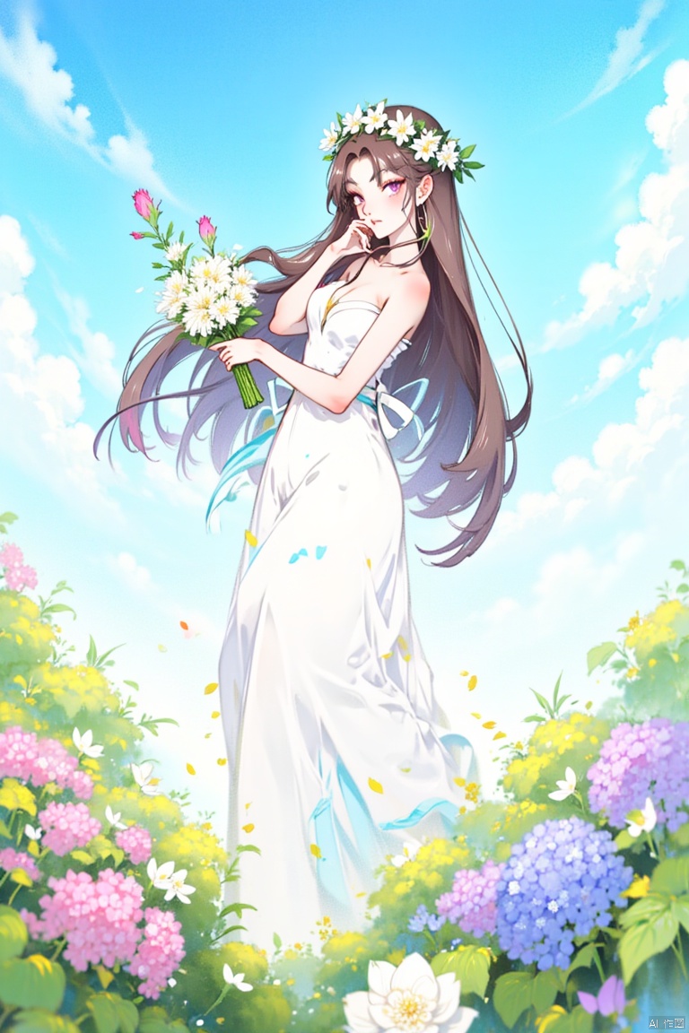 杰作,1girl, blue_flower, blue_sky, bouquet, breasts, brown_hair, closed_mouth, cloud, daisy, day, dress, field, flower, flower_field, grass, head_wreath, holding_bouquet, holding_flower, hydrangea, laurel_crown, lily_\(flower\), long_hair, looking_at_viewer, outdoors, petals, pink_flower, plant, purple_eyes, purple_flower, rose, sky, smile, solo, standing, sword, very_long_hair, white_dress, white_flower, white_rose, wreath
,kka,L&Y