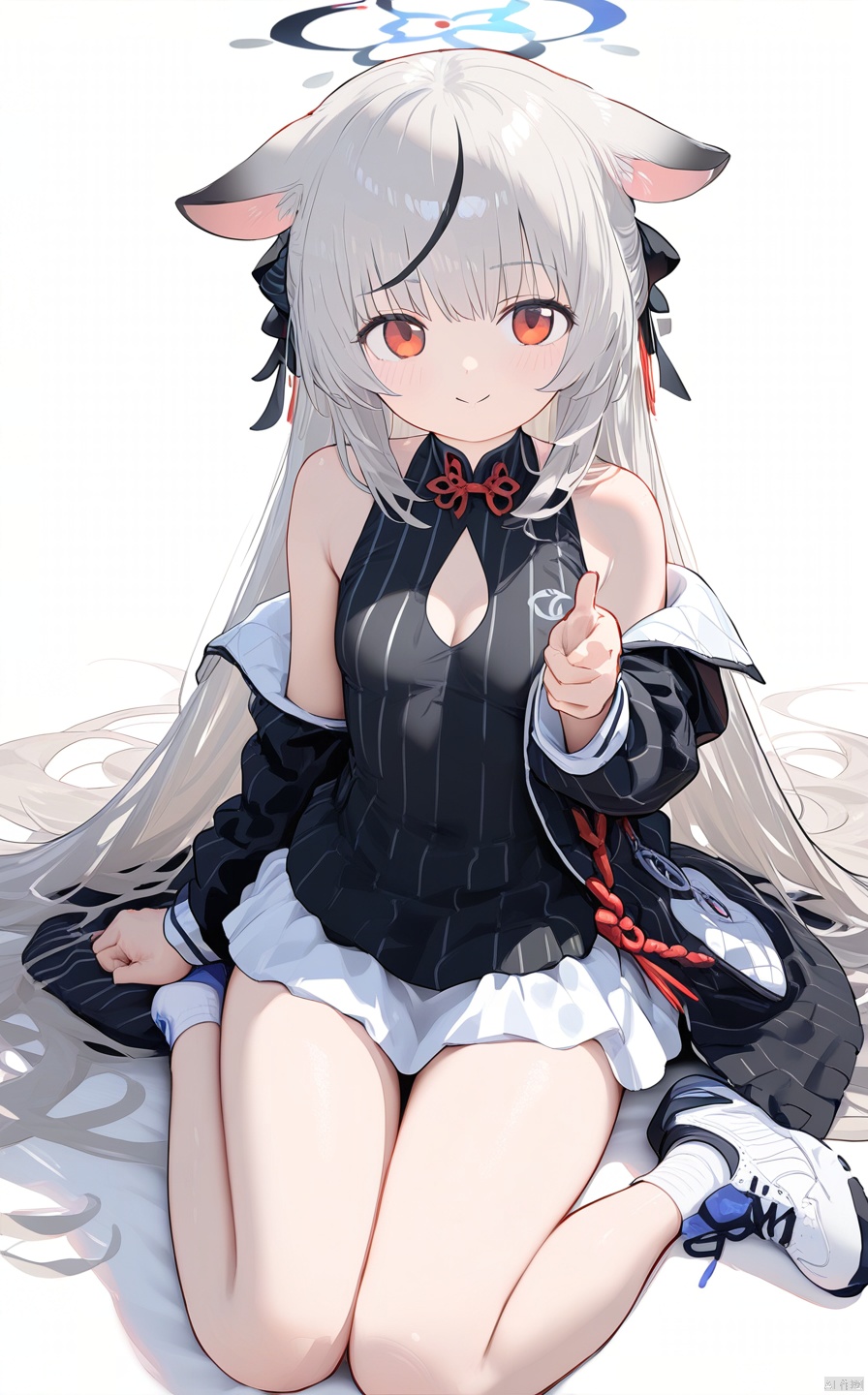 (score_9,score_8_up,score_7_up),1girl,(masterpiece:1.3),( beautiful:1.2),(high quality:1.2),(finely detailed:1.2),extremely detailed CG unity 8k wallpaper,best quality,a very delicate and beautiful,perfect fingers,(one cute girl at the center:1.2), 1girl, solo, long hair, looking at viewer, blush, bangs, white skirt, simple background, black hair, red eyes, long sleeves, white background, dress, animal ears, sitting, very long hair, jacket, full body, grey hair, multicolored hair, shoes, socks, striped, black dress, streaked hair, halo, white footwear, black socks, vertical stripes, striped dress, vertical-striped dress,kokonaBA