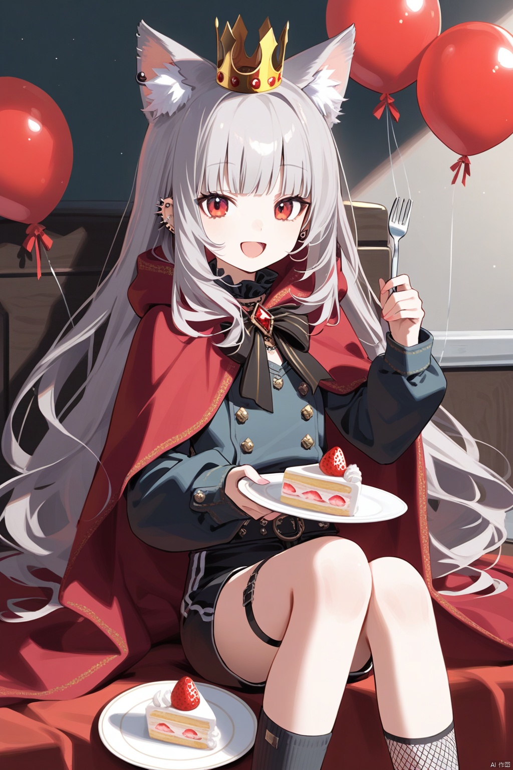 1girl, food, solo, cake, red eyes, crown, animal ears, holding, long hair, holding plate, holding fork, looking at viewer, smile, shorts, plate, sitting, grey hair, fork, open mouth, fruit, feet out of frame, bangs, strawberry, fishnets, socks, cape, shirt, fur trim, long sleeves, ear piercing, piercing, balloon, black shorts, red cloak,
