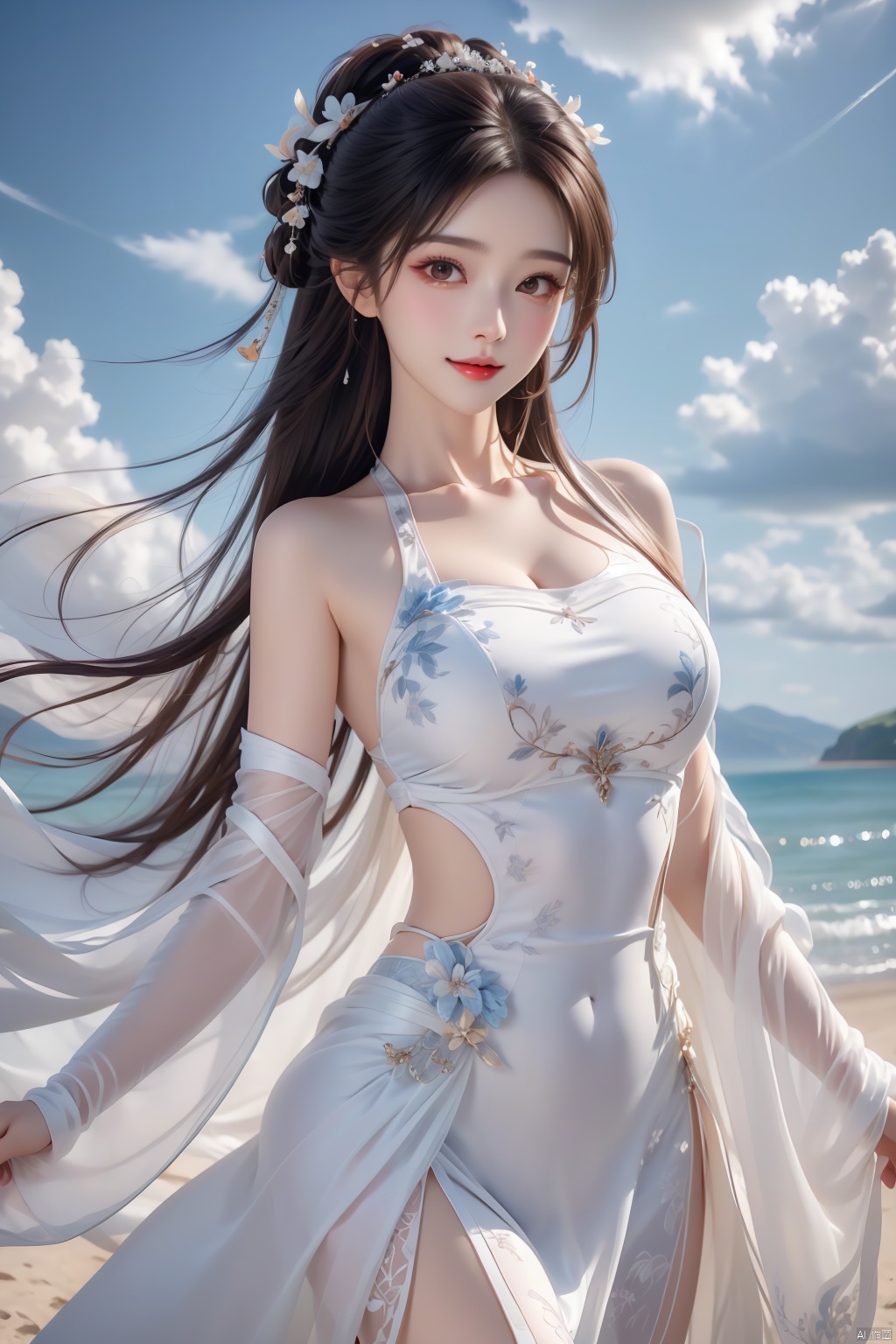 best quality, masterpiece, realistic,cowboy_shot,(Good structure), DSLR Quality,Depth of field,kind smile,looking_at_viewer,Dynamic pose, , Blue sky and white clouds on the beach,Masterpiece, (ultra wide angle lens: 1.2), Unity8k wallpaper, best quality, (detail shadow: 1.1), a beautiful girl, on a sea of light blue silk, translucent silk, floating light blue silk, surrealist style, minimalism, highly detailed texture, light blue, white clean background, CG rendering, light passing through clouds, 8k resolution, (motion photo: 1.2), (Fidelity: 1.4), original photos, movie lighting, 1girl,, , ,kind smile, , weddingdress,limuwan
