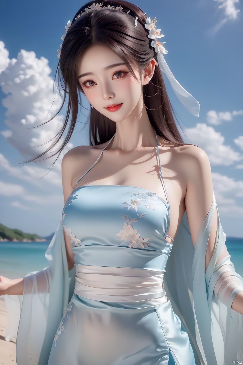 best quality, masterpiece, realistic,cowboy_shot,(Good structure), DSLR Quality,Depth of field,kind smile,looking_at_viewer,Dynamic pose, , Blue sky and white clouds on the beach,Masterpiece, (ultra wide angle lens: 1.2), Unity8k wallpaper, best quality, (detail shadow: 1.1), a beautiful girl, on a sea of light blue silk, translucent silk, floating light blue silk, surrealist style, minimalism, highly detailed texture, light blue, white clean background, CG rendering, light passing through clouds, 8k resolution, (motion photo: 1.2), (Fidelity: 1.4), original photos, movie lighting, 1girl,, , ,kind smile, , weddingdress,limuwan