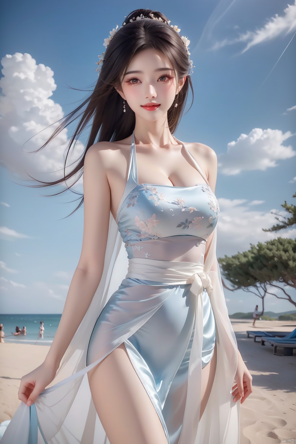 best quality, masterpiece, realistic,cowboy_shot,(Good structure), DSLR Quality,Depth of field,kind smile,looking_at_viewer,Dynamic pose, , Blue sky and white clouds on the beach,Masterpiece, (ultra wide angle lens: 1.2), Unity8k wallpaper, best quality, (detail shadow: 1.1), a beautiful girl, on a sea of light blue silk, translucent silk, floating light blue silk, surrealist style, minimalism, highly detailed texture, light blue, white clean background, CG rendering, light passing through clouds, 8k resolution, (motion photo: 1.2), (Fidelity: 1.4), original photos, movie lighting, 1girl,, , ,kind smile, , weddingdress,limuwan