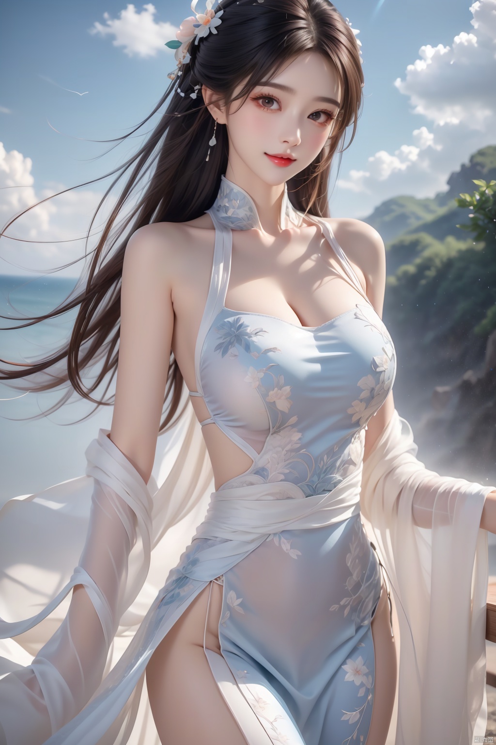 best quality, masterpiece, realistic,cowboy_shot,(Good structure), DSLR Quality,Depth of field,kind smile,looking_at_viewer,Dynamic pose, , Blue sky and white clouds on the beach,Masterpiece, (ultra wide angle lens: 1.2), Unity8k wallpaper, best quality, (detail shadow: 1.1), a beautiful girl, on a sea of light blue silk, translucent silk, floating light blue silk, surrealist style, minimalism, highly detailed texture, light blue, white clean background, CG rendering, light passing through clouds, 8k resolution, (motion photo: 1.2), (Fidelity: 1.4), original photos, movie lighting, 1girl,, , ,kind smile, , weddingdress,limuwan