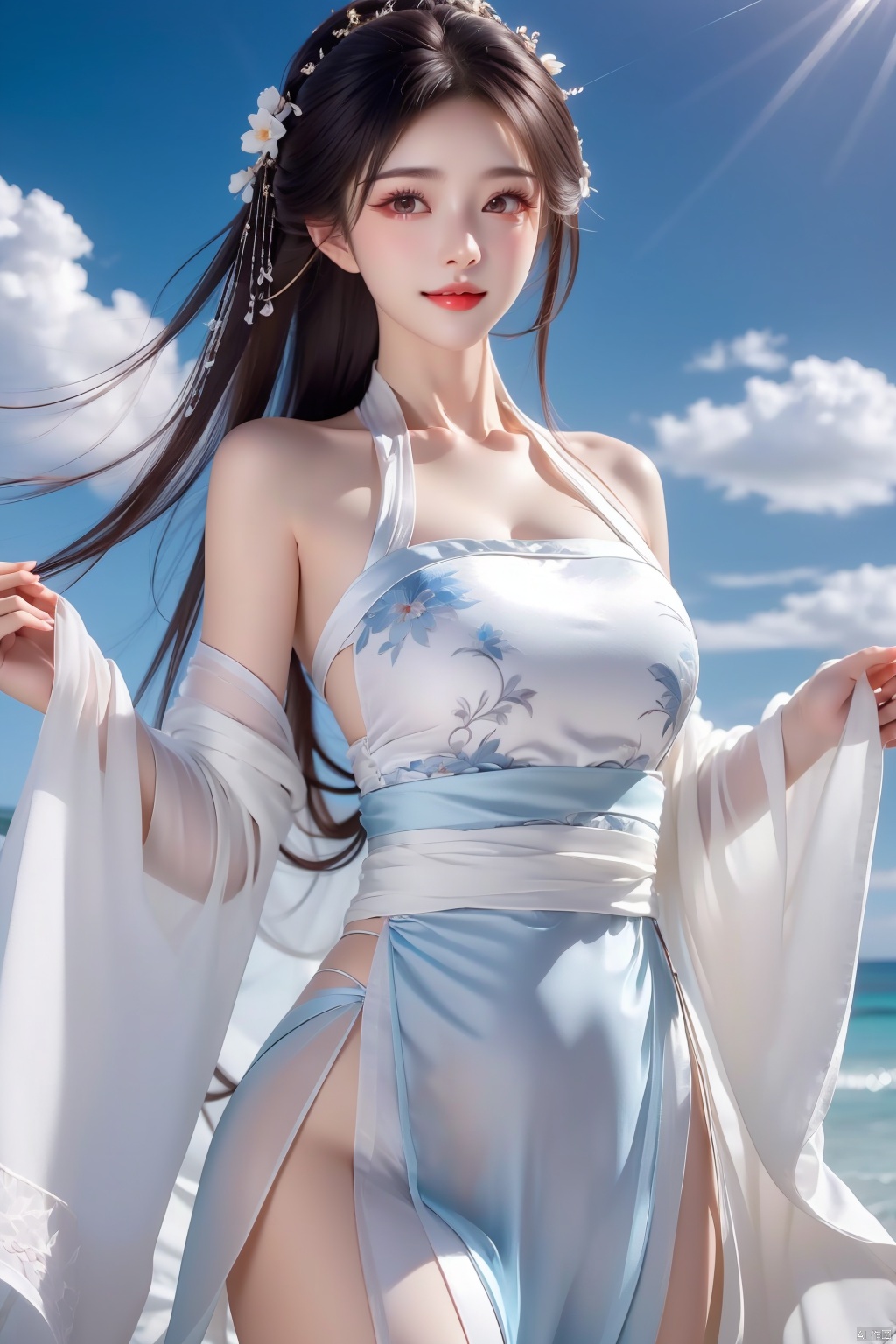 best quality, masterpiece, realistic,cowboy_shot,(Good structure), DSLR Quality,Depth of field,kind smile,looking_at_viewer,Dynamic pose, , Blue sky and white clouds on the beach,Masterpiece, (ultra wide angle lens: 1.2), Unity8k wallpaper, best quality, (detail shadow: 1.1), a beautiful girl, on a sea of light blue silk, translucent silk, floating light blue silk, surrealist style, minimalism, highly detailed texture, light blue, white clean background, CG rendering, light passing through clouds, 8k resolution, (motion photo: 1.2), (Fidelity: 1.4), original photos, movie lighting, 1girl,, , ,kind smile, , weddingdress,limuwan