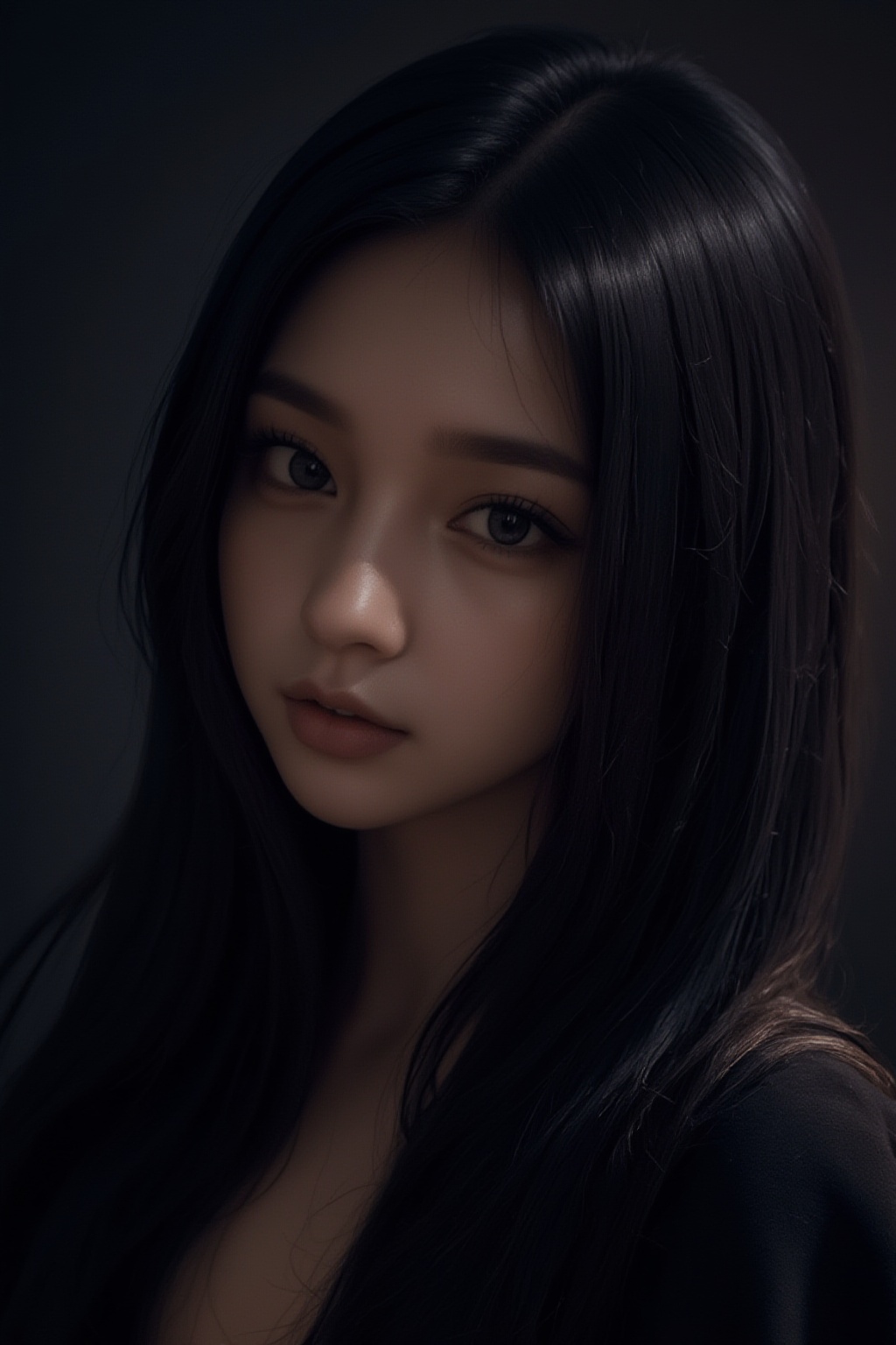 A stunning portrait of a girl with high detailed skin and luscious black hair,  set against a dark background in a dimly l...