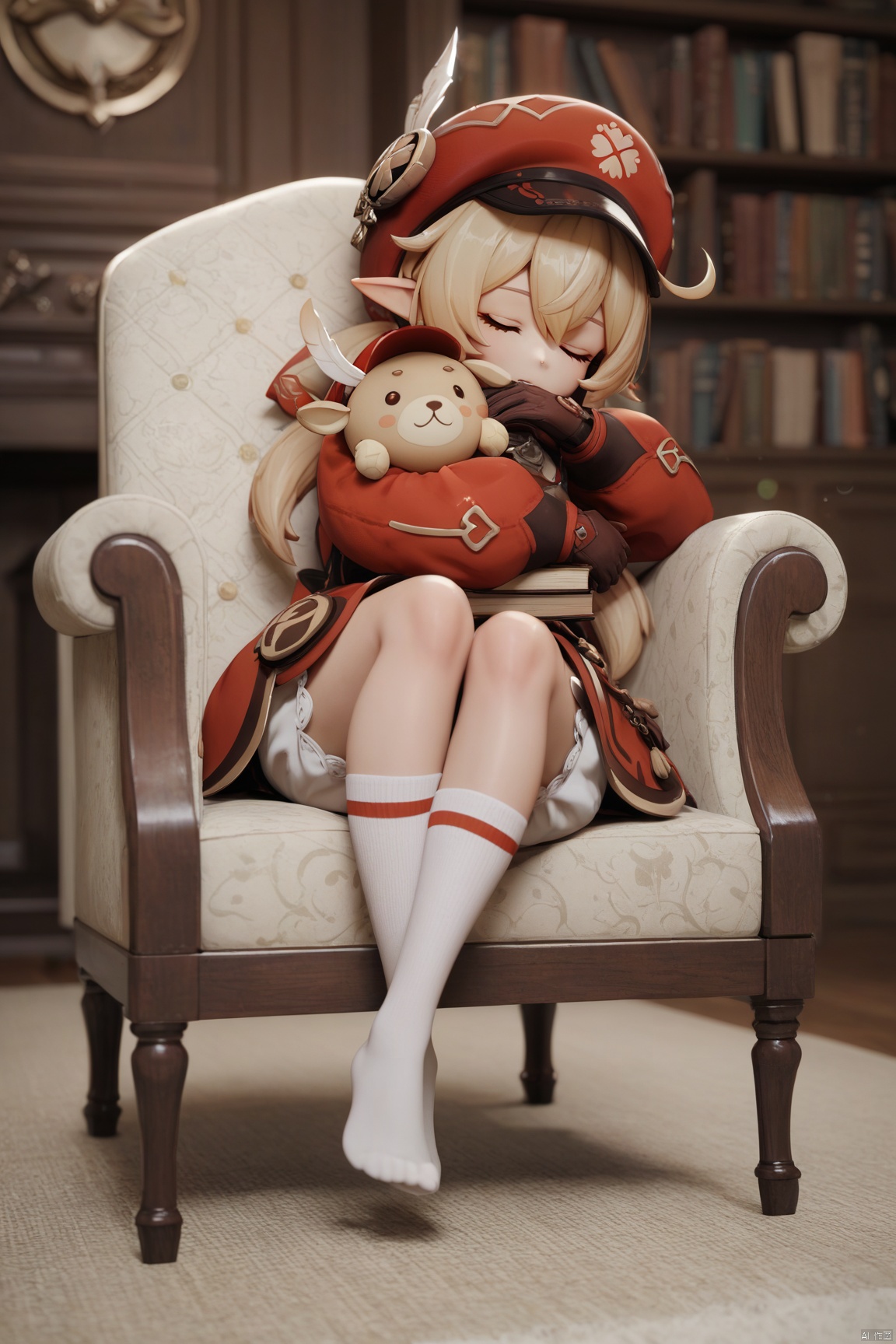 score_9,score_8_up,score_7_up,score_6_up, 
1girl, klee (genshin impact), red headwear, sleeping, hat, solo, closed eyes, socks, pointy ears, gloves, bangs, ahoge, no shoes, red dress, brown gloves, dress, blonde hair, twintails, long sleeves, knees up, cabbie hat, hair between eyes, couch, kneehighs, object hug, low twintails, white socks, hat feather, bloomers, blurry, underwear, chair, full body, long hair, depth of field, sitting, jumpy dumpty, book, zzz,