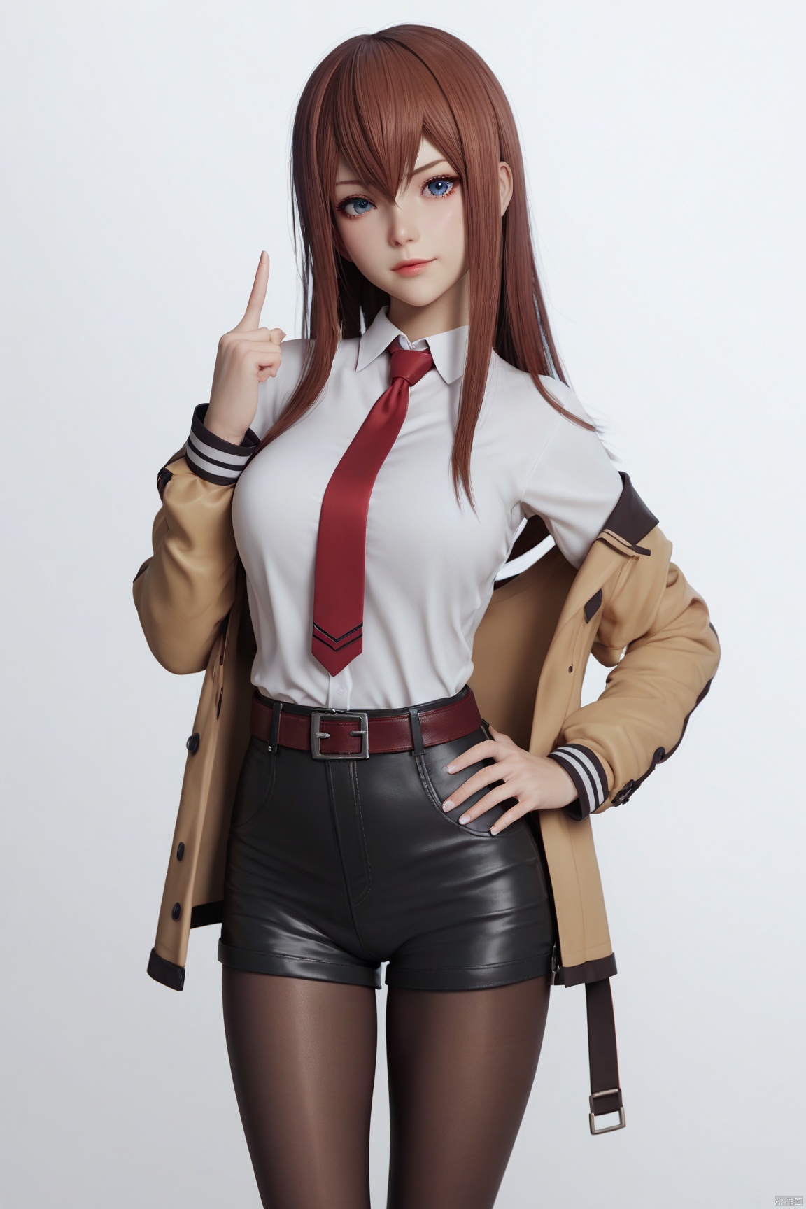 score_9,score_8_up,score_7_up,score_6_up, 
1girl, solo, long hair, makise kurisu, pantyhose, shorts, necktie, blue eyes, brown hair, shirt, black pantyhose, legwear under shorts, hand on hip, red necktie, looking at viewer, jacket, white shirt, belt, black shorts, index finger raised, cowboy shot, off shoulder, collared shirt, short shorts, long sleeves, standing, simple background, two-tone background, hair between eyes, head tilt, white background, bangs,