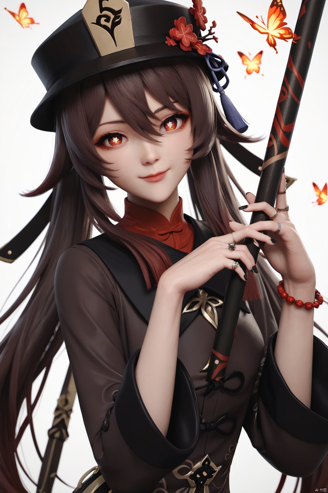 score_9,score_8_up,score_7_up,score_6_up, 
1girl, hu tao (genshin impact), brown hair, hat, jewelry, flower, solo, smile, looking at viewer, black nails, symbol-shaped pupils, long hair, bug, hat flower, butterfly, plum blossoms, ring, bracelet, nail polish, long sleeves, red eyes, black headwear, bangs, twintails, red shirt, upper body, bead bracelet, hair between eyes, weapon, chinese clothes, beads, red flower, branch, porkpie hat, polearm, flower-shaped pupils, shirt, closed mouth, multicolored hair,