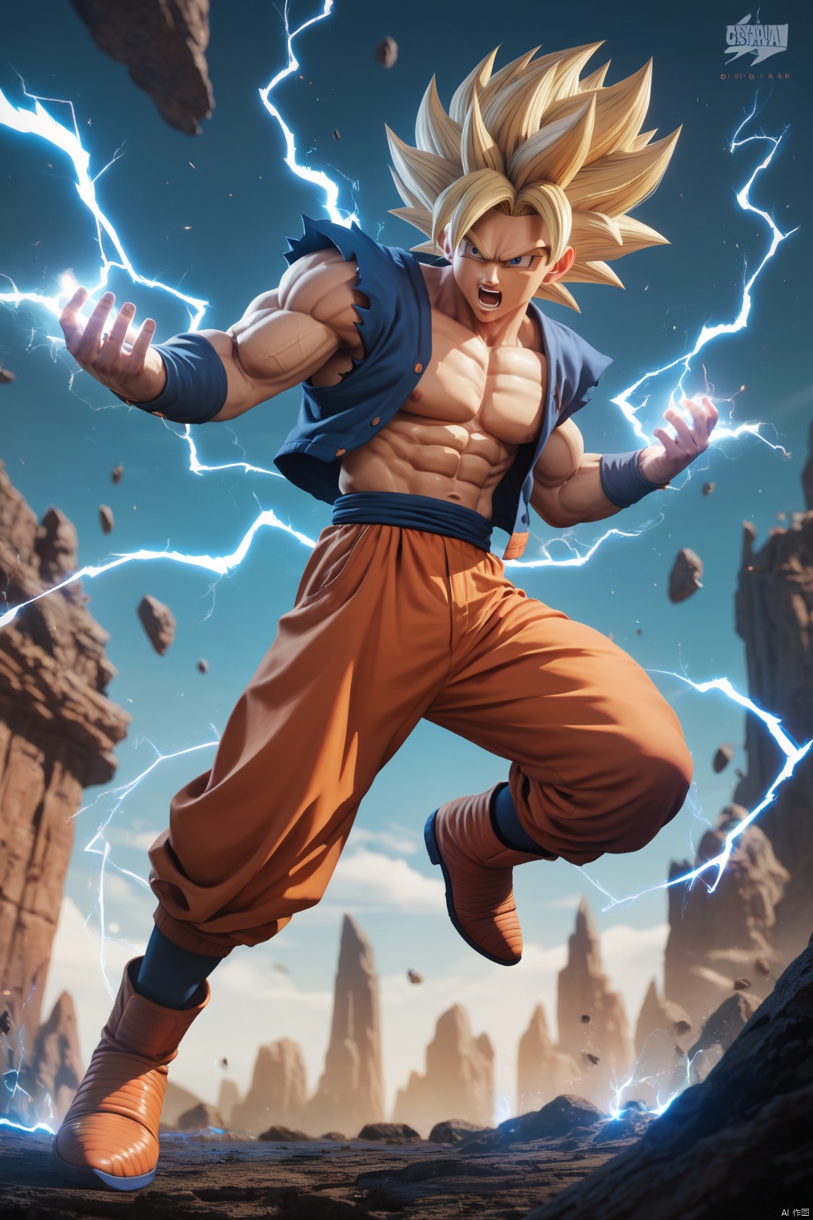 score_9,score_8_up,score_7_up,score_6_up, 
super saiyan, 1boy, male focus, blonde hair, solo, open mouth, aura, son goku, super saiyan 1, electricity, spiked hair, dougi, boots, full body, wristband, watermark, muscular, son gohan,