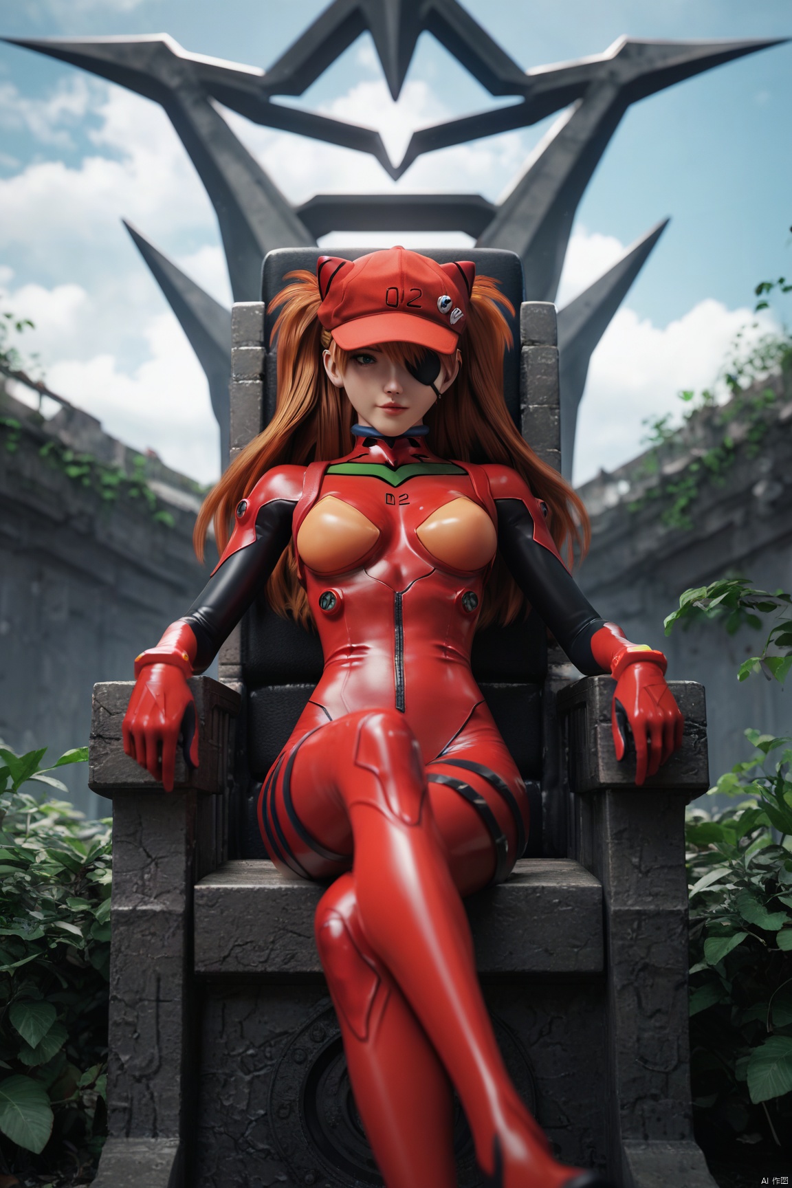 score_9,score_8_up,score_7_up,score_6_up, 
1girl, souryuu asuka langley, neon genesis evangelion, rebuild of evangelion, lance of longinus, cat hat, plugsuit, pilot suit, red bodysuit, sitting, crossed legs, black eye patch, throne, looking down, from bottom, looking at viewer, outdoors,