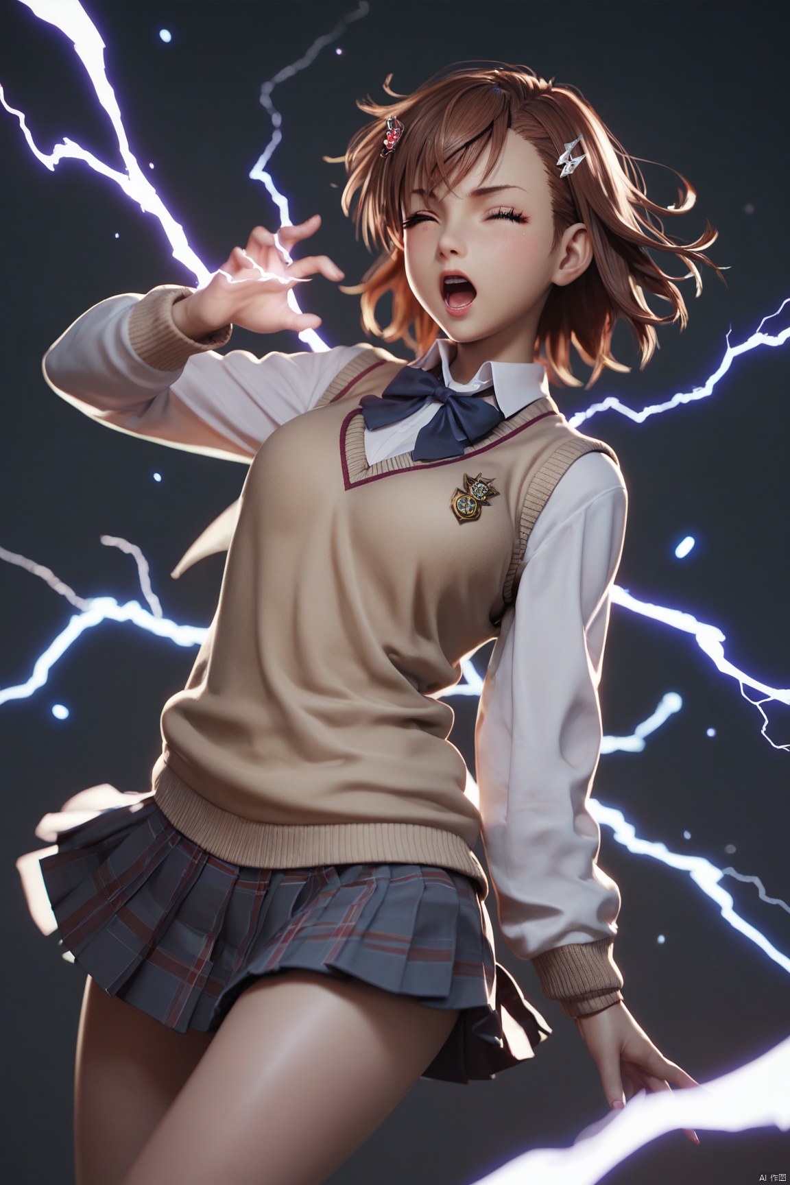 score_9,score_8_up,score_7_up,score_6_up, 
1girl, misaka mikoto, tokiwadai school uniform, solo, school uniform, brown hair, one eye closed, electricity, hair ornament, brown eyes, skirt, electrokinesis, hairpin, sweater vest, short hair, open mouth,