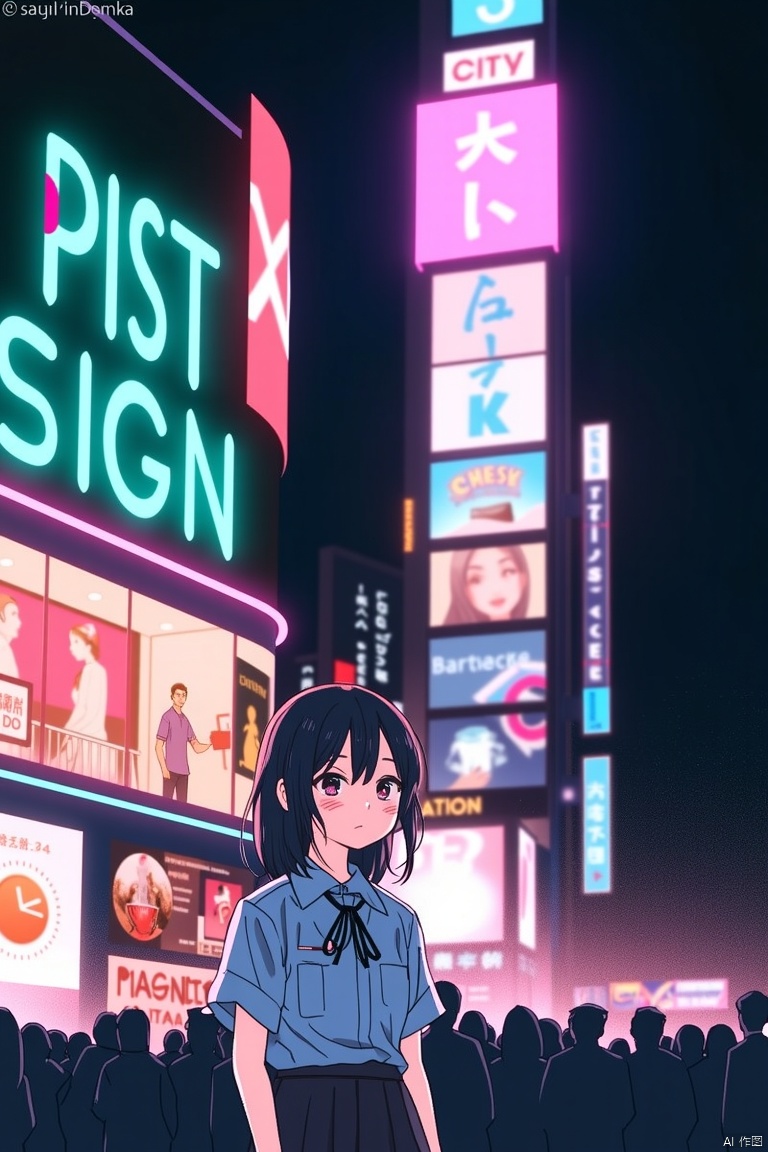 1girl,uniform,outdoors, english text, sketch, night, building, city, sign, crowd, neon lights, people,ink sketch drawing
