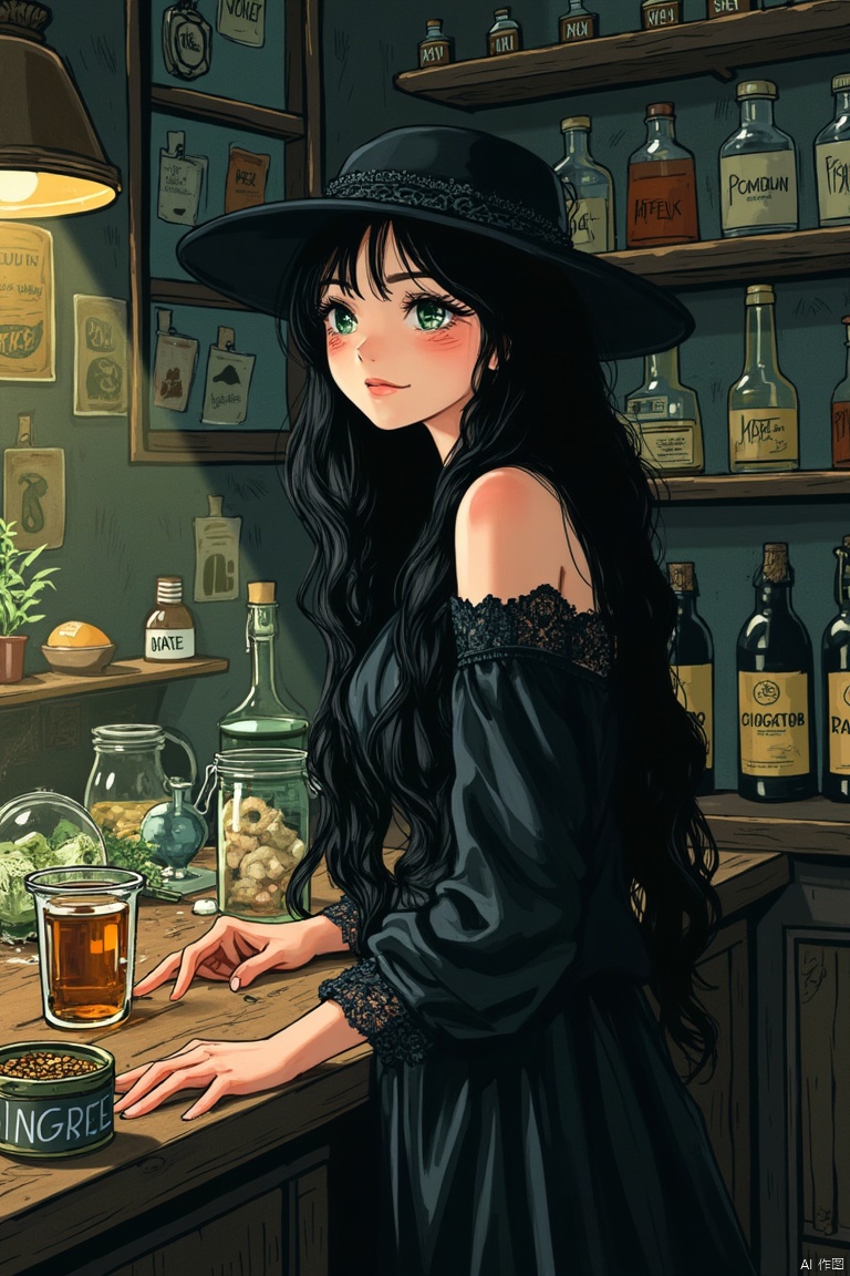 ANIME GIRL, Set in a dimly lit, cluttered potion shop filled with strange ingredients, a girl with long raven-black hair and deep green eyes studies her concoctions. Clad in a dark flowing dress with lace details, she wears a wide-brimmed hat, her sly smile hinting at her vast knowledge of the arcane arts,ink drawing

