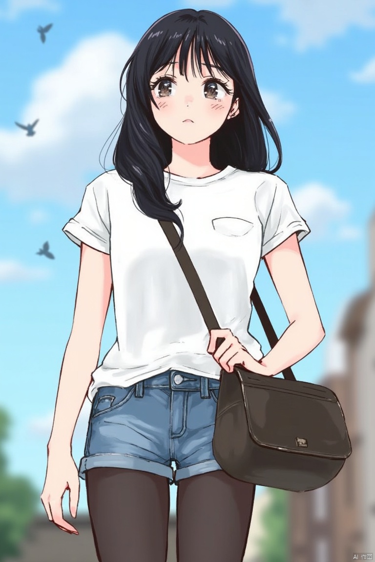 1girl, solo, long hair, shirt, black hair, short sleeves, pantyhose, outdoors, shorts, day, bag, bird, denim, ground vehicle, motor vehicle, legwear under shorts