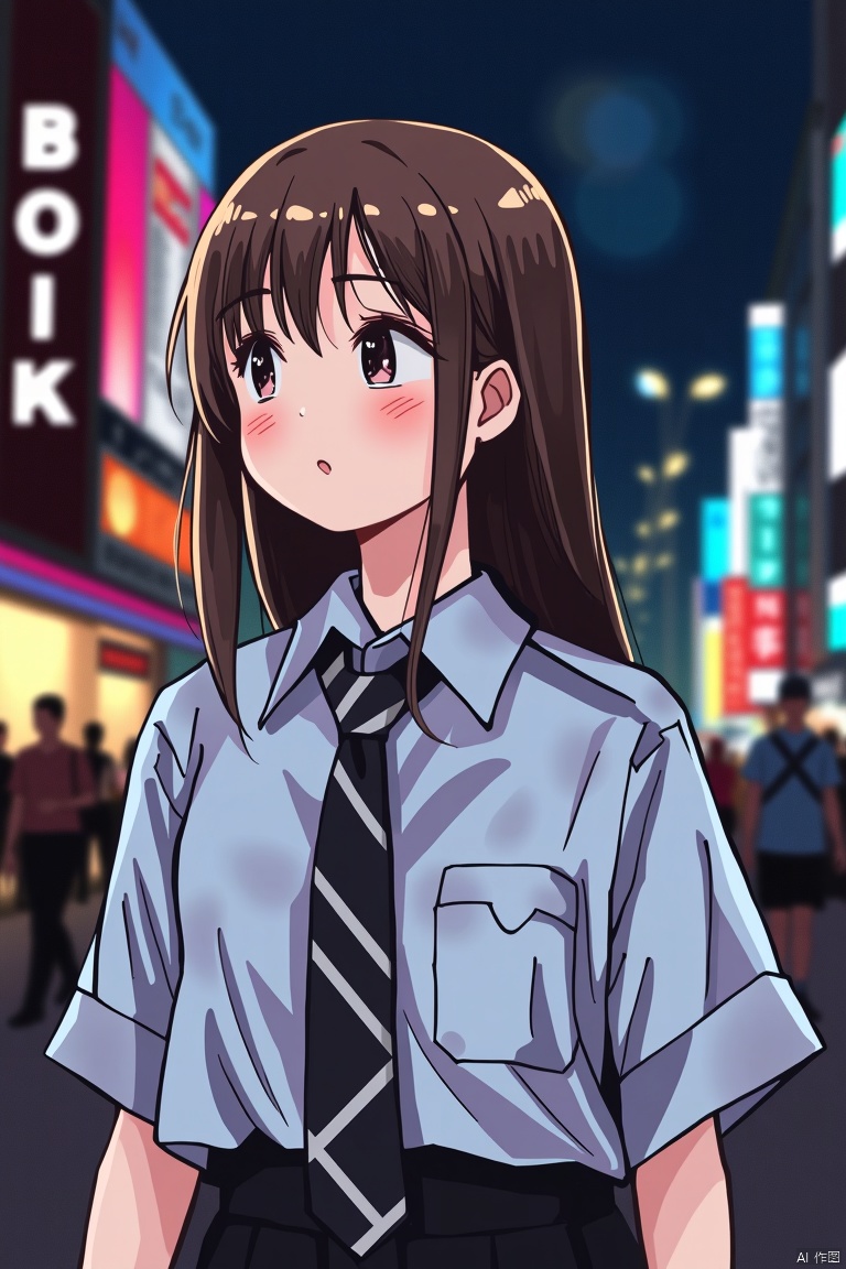 1girl,uniform,outdoors, english text, sketch, night, building, city, sign, crowd, neon lights, people,bold outline drawing