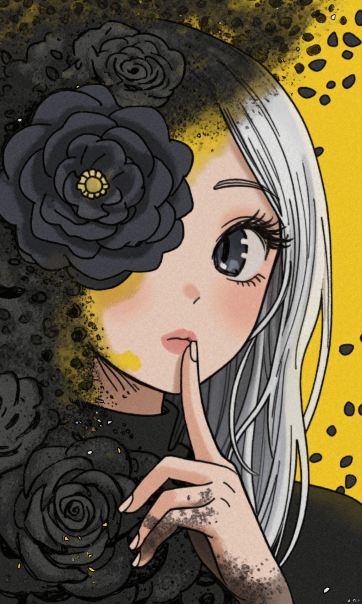 This acrylic style painting is extremely expressive and presents a dynamic and emotional quality. This is a piece of anime art that depicts a stylized portrait of a woman with an ethereal black and yellow mist surrounding her body. The mist creates a dramatic and surreal effect. A blooming black flower covers one eye on the face. White hair sets off the woman's cold beauty. The woman in the anime artwork is shrouded in shadows and the lighting accentuates her unique features. The background is yellow and black and covered with black rose petals. Fingers are placed on lips in a shhh, shhh motion,