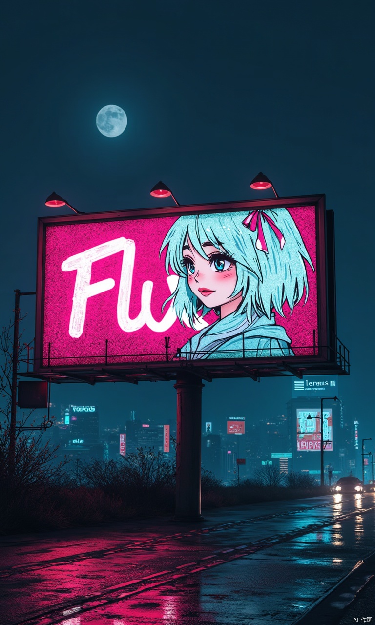 A realistic billboard in a night city cyberpunk 2077 world. The billboard shows an furry girl and the text ("Flux "),bold outline drawing