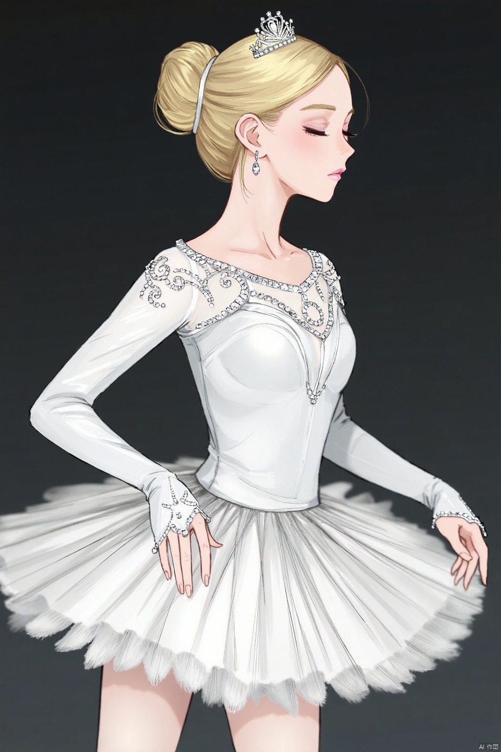 ballet,ballerina,dress,closed eyes,jewelry,single hair bun,hair bun,1girl,earrings,crown,dancing,white dress,blonde hair,solo,long sleeves,profile,feather tutu,sparkle,tiara,makeup,swan lake,dark gothic,dreamy,
