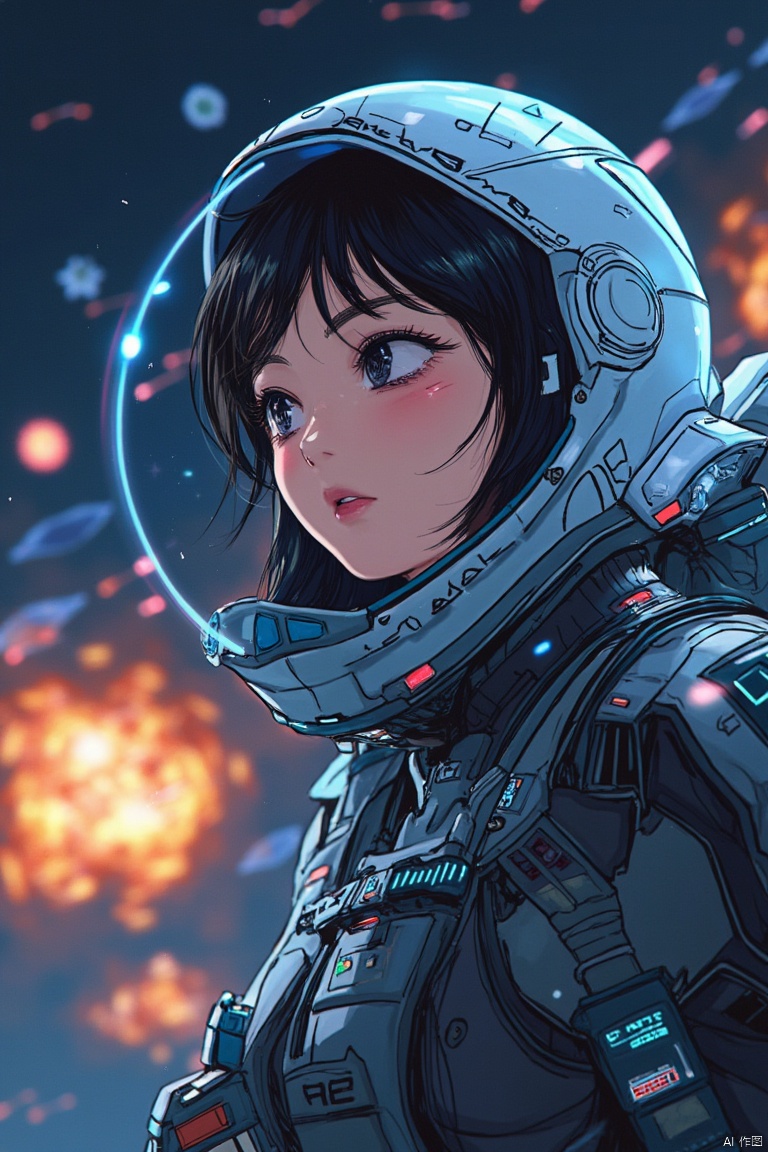 ANIME GIRL, image of a female starfighter pilot navigating an intense space dogfight, inspired by Makoto Shinkai's visual storytelling. Her cockpit is filled with holographic displays, and she wears a sleek, form-fitting pilot suit with a transparent visor. Her eyes reflect the light from the explosions outside. The starry background is filled with enemy ships and laser beams, creating a sense of speed and urgency, with a focus on her skill and agility as she maneuvers through the battle's chaos.