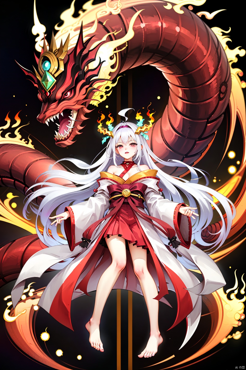 1girl solo long hair looking at viewer red eyes jewelry ahoge white hair japanese clothes horns barefoot bare legs fire dragon flame blue fire