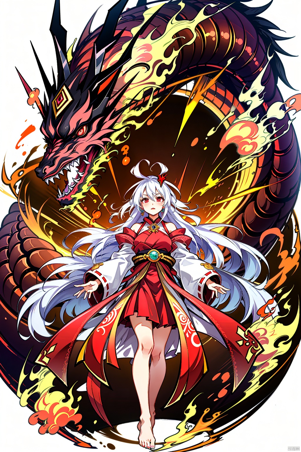 1girl solo long hair looking at viewer red eyes jewelry ahoge white hair japanese clothes horns barefoot bare legs fire dragon flame blue fire
