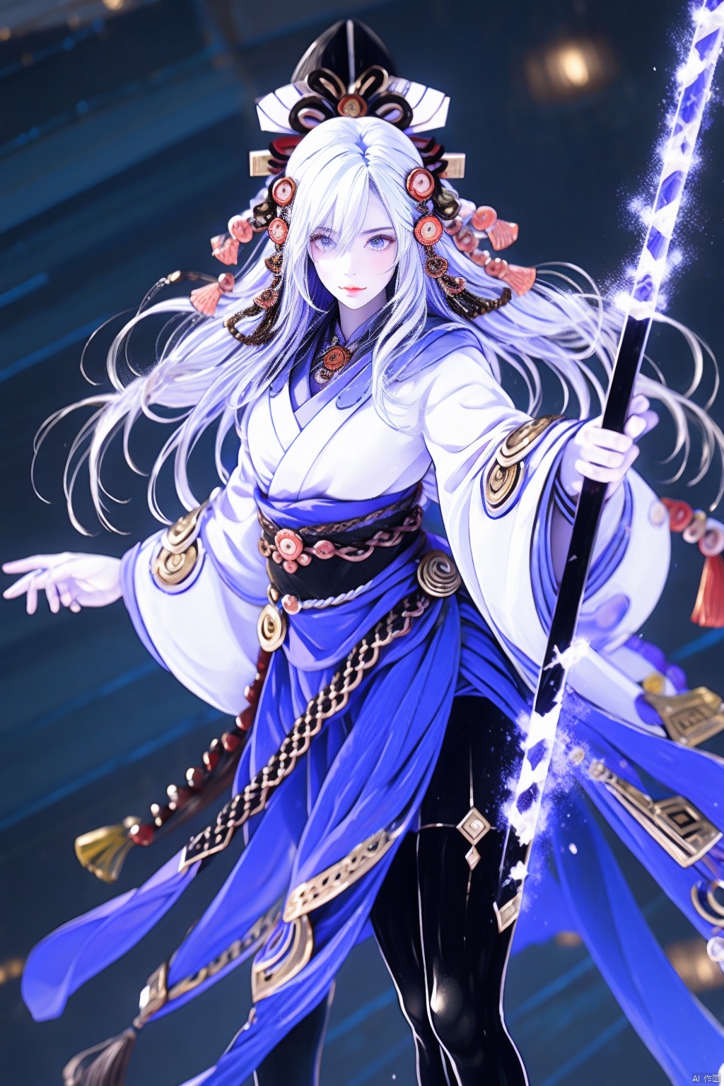 1girl, solo, long hair, smile, blue eyes, hair ornament, thighhighs, weapon, white hair, japanese clothes, black thighhighs, polearm