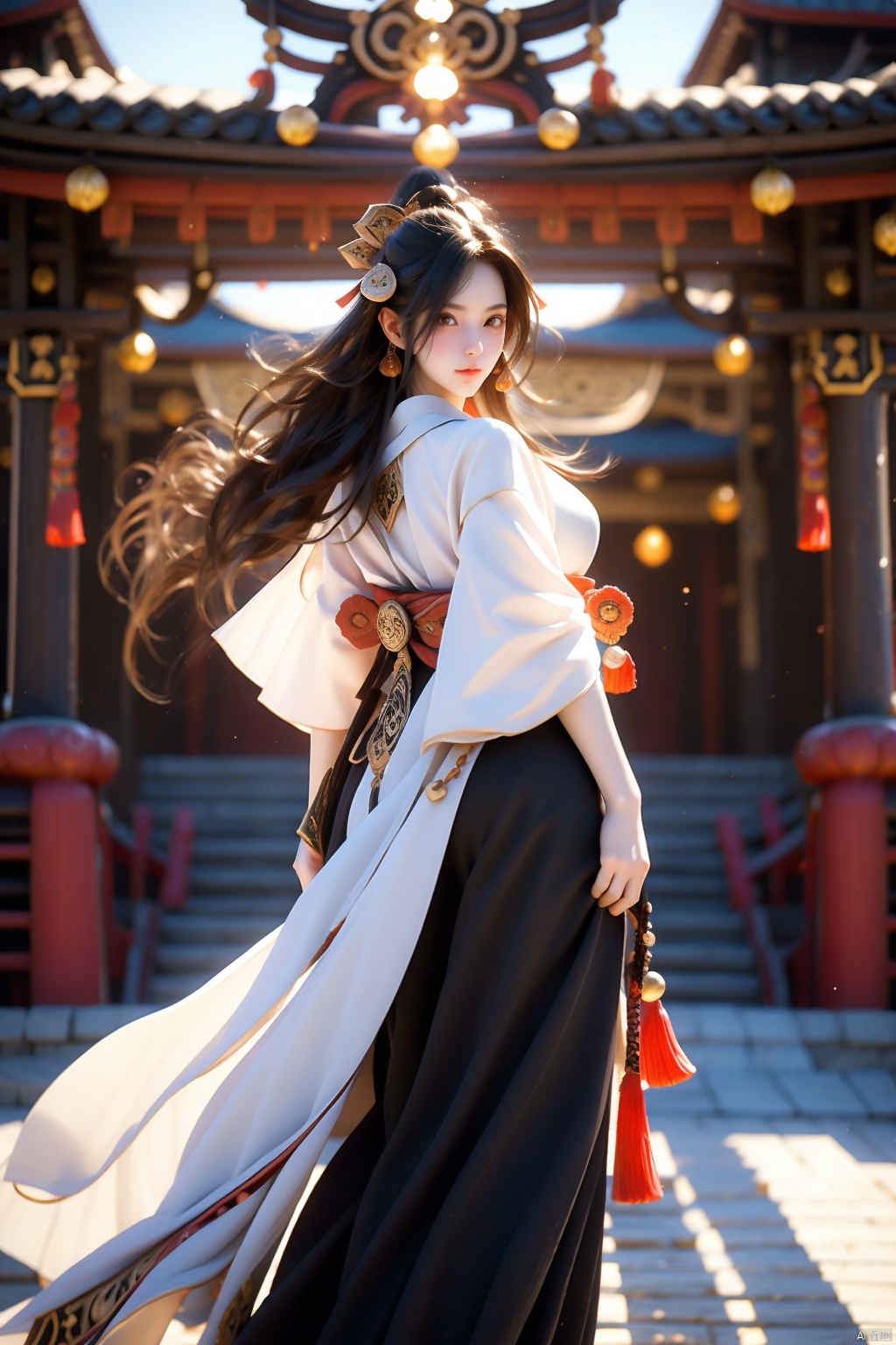 A majestic warrior maiden stands solo, her striking features illuminated by soft, golden light. Her long, raven-black locks cascade down her back, adorned with a delicate hair ornament that catches the faint glow. Her bright blue eyes sparkle as she smiles confidently, showcasing a subtle smattering of freckles across the bridge of her nose. She wears traditional Japanese attire, complete with flowing white hakama and intricately patterned kimono. Thigh-high black boots, polished to a high shine, stretch up her legs like dark, metallic serpents. In one hand, she grasps a majestic polearm, its wooden shaft etched with ornate designs that seem to dance in the warm light.