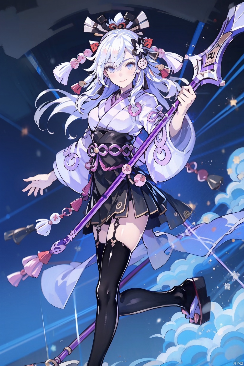 1girl, solo, long hair, smile, blue eyes, hair ornament, thighhighs, weapon, white hair, japanese clothes, black thighhighs, polearm