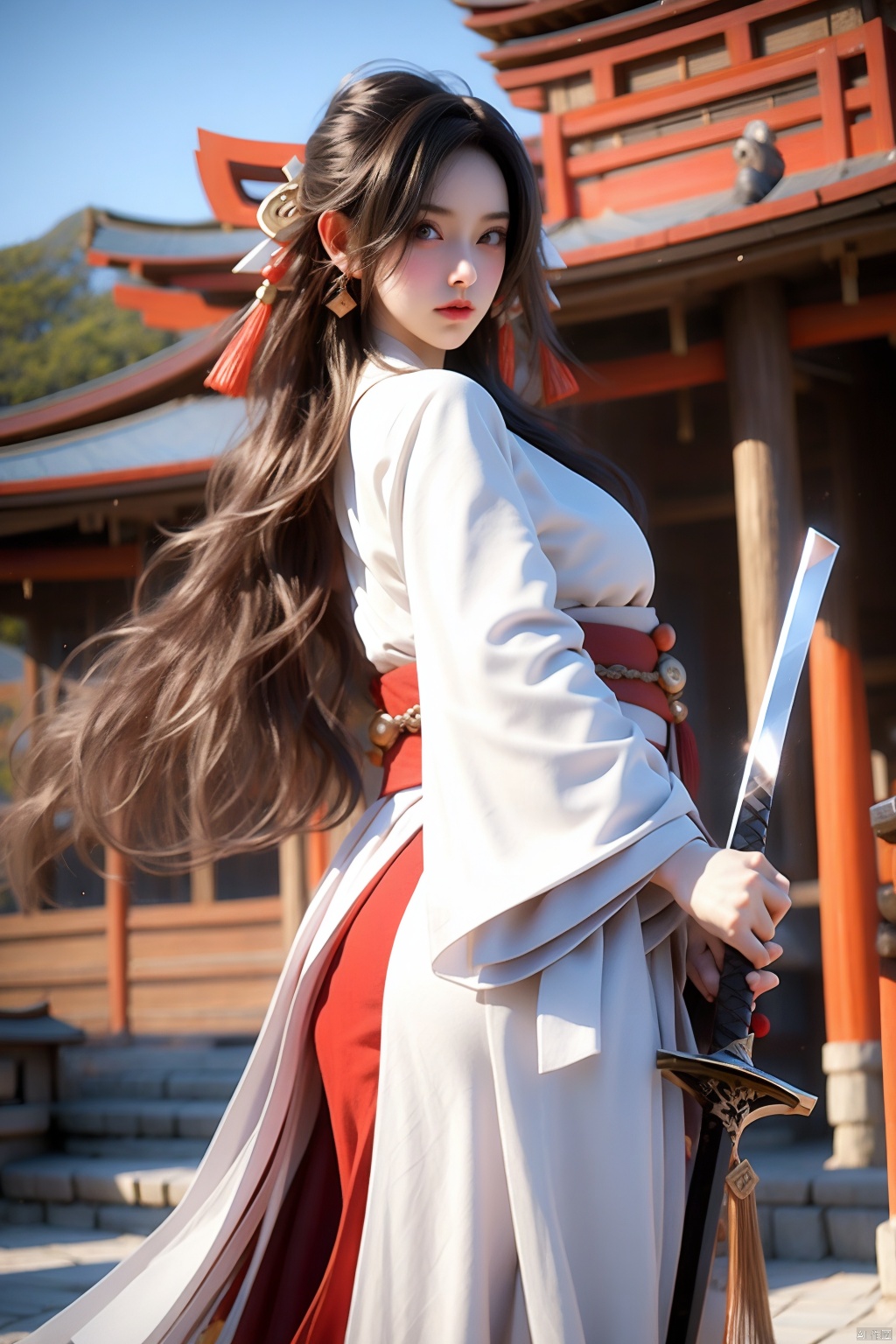 1girl, solo, breasts, looking at viewer, short hair, bangs, blue eyes, large breasts, black hair, hair ornament, long sleeves, holding, closed mouth, weapon, ass, outdoors, japanese clothes, sky, day, shiny, sword, wide sleeves, kimono, holding weapon, lips, sash, holding sword, obi, katana, white kimono, twisted torso