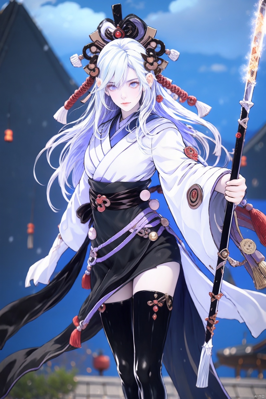 1girl, solo, long hair, smile, blue eyes, hair ornament, thighhighs, weapon, white hair, japanese clothes, black thighhighs, polearm