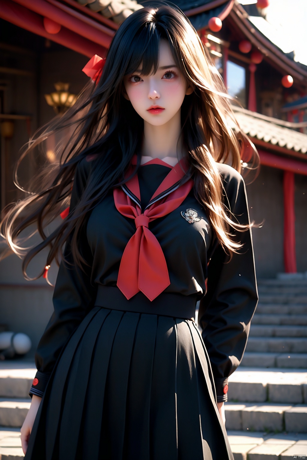 1girl long hair looking at viewer bangs skirt shirt black hair long sleeves holding school uniform standing pleated skirt outdoors serafuku black skirt sailor collar black eyes neckerchief black shirt red neckerchief black sailor collar black serafuku