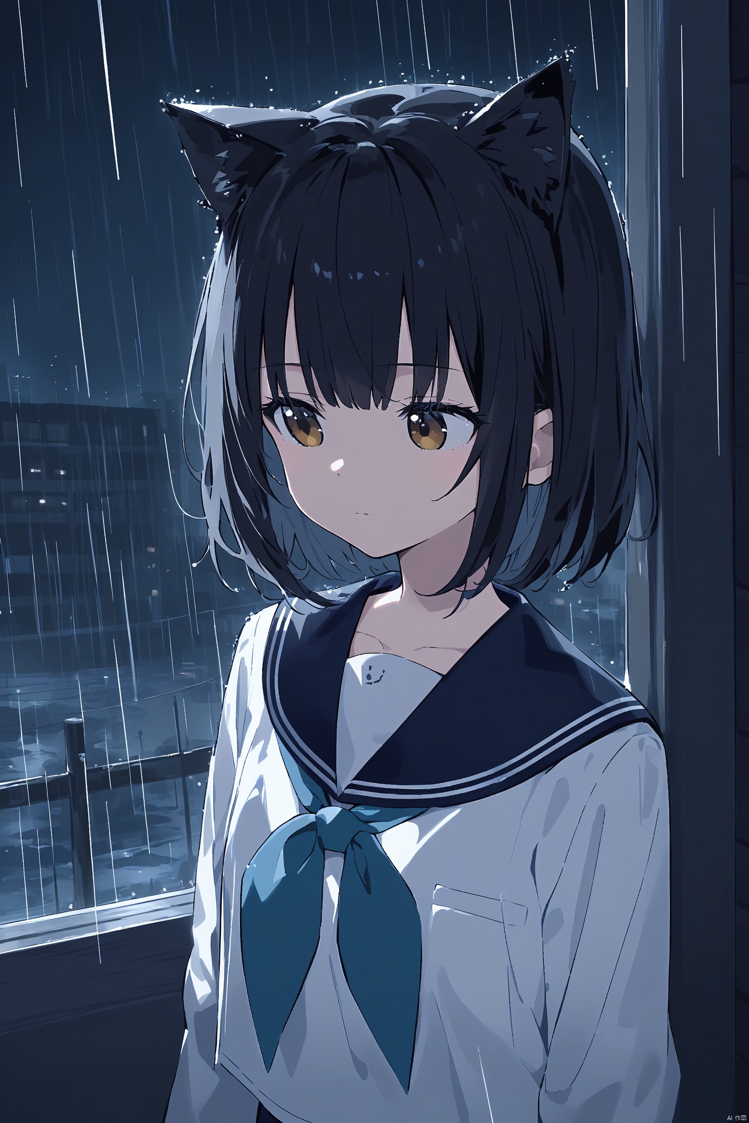 animal_ears, 1girl, black_hair, sailor_collar, solo, short_hair, cat_ears, school_uniform, serafuku, black_sailor_collar, upper_body, rain, shirt, white_shirt, long_sleeves, night, closed_mouth, scenery, bangs