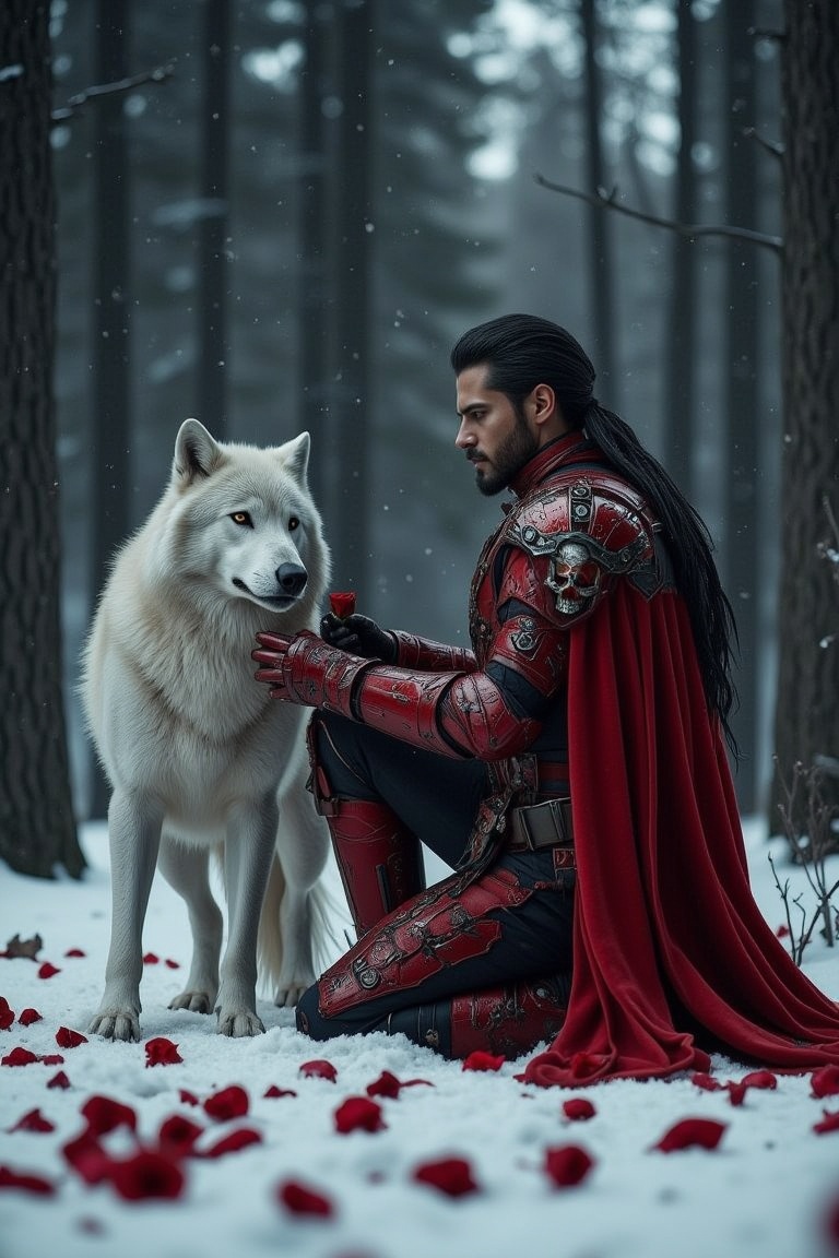 In a cinematic close-up,  low-angle shot,  a crimson-clad knight kneels upon a snowy canvas scattered with rose petals on...