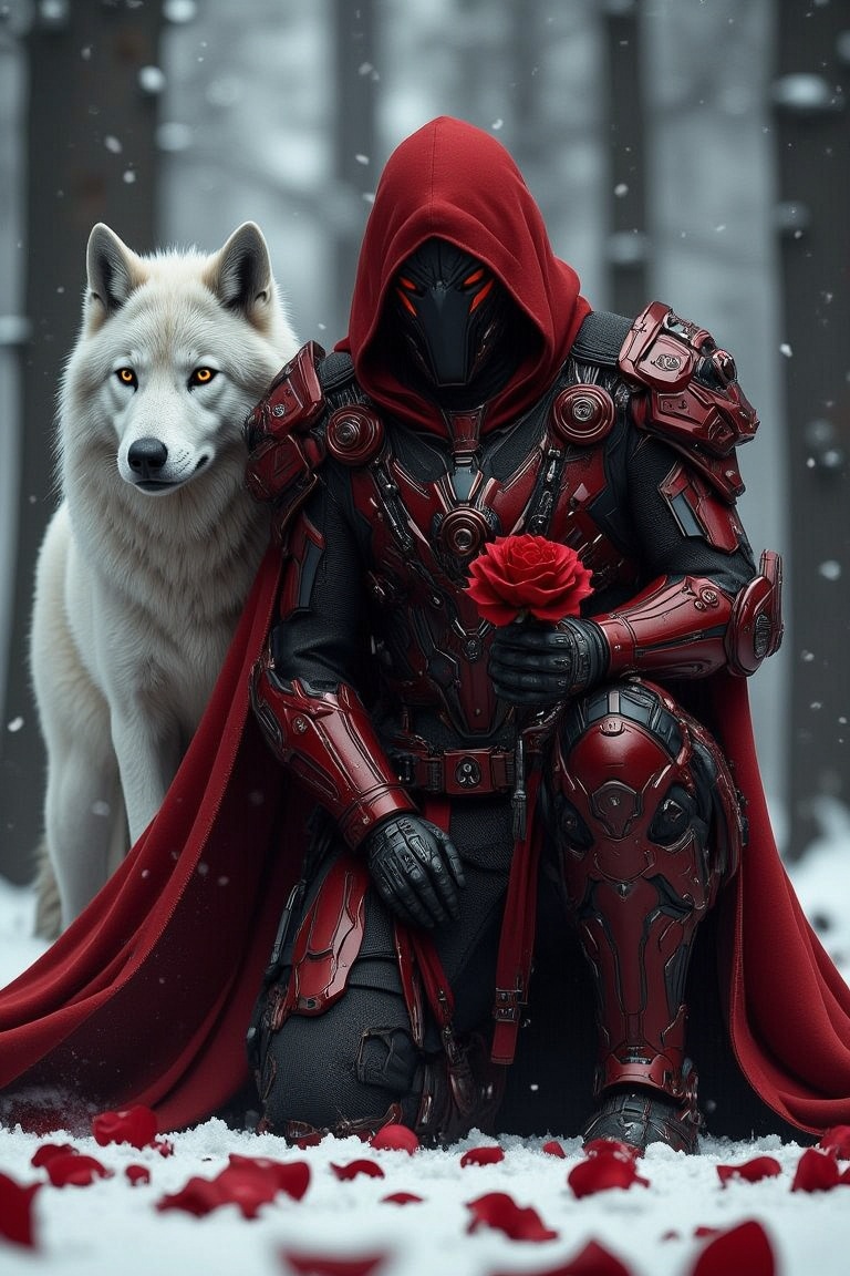 A crimson-clad knight,  hood and cape billowing,  kneels upon a snowy canvas scattered with rose petals. A majestic white...