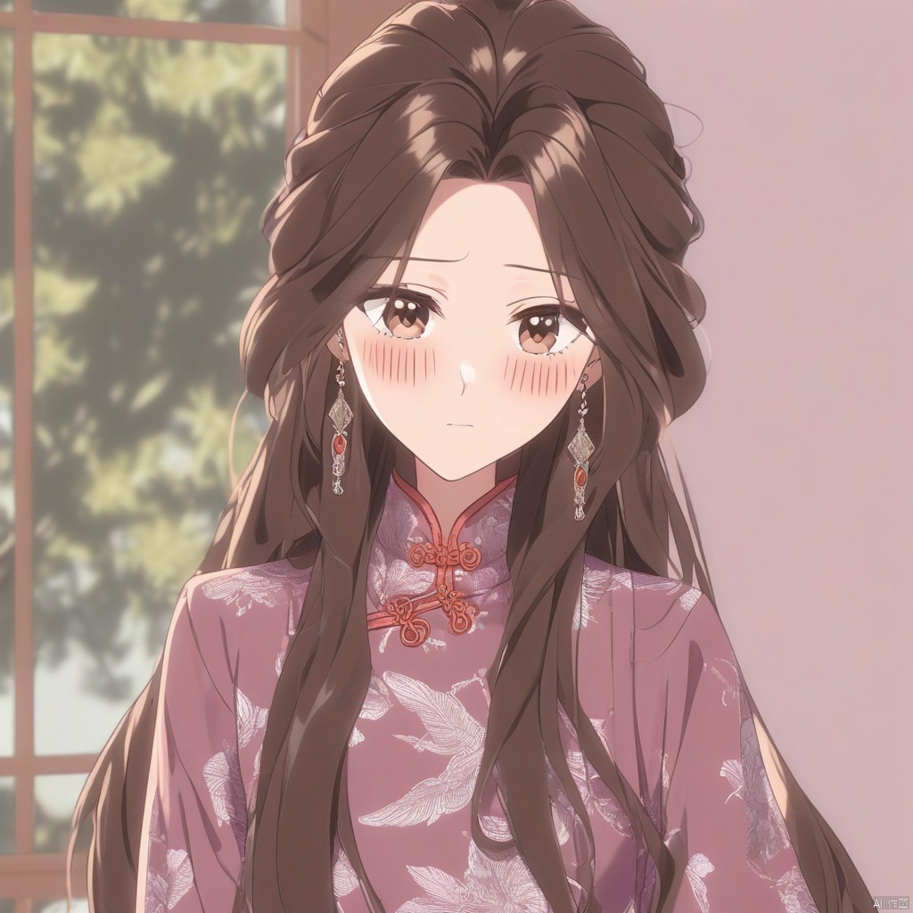1girl, niji-style-1, long hair, blush, brown hair, jewelry, earrings, chinese clothes, closed mouth, brown eyes, solo
