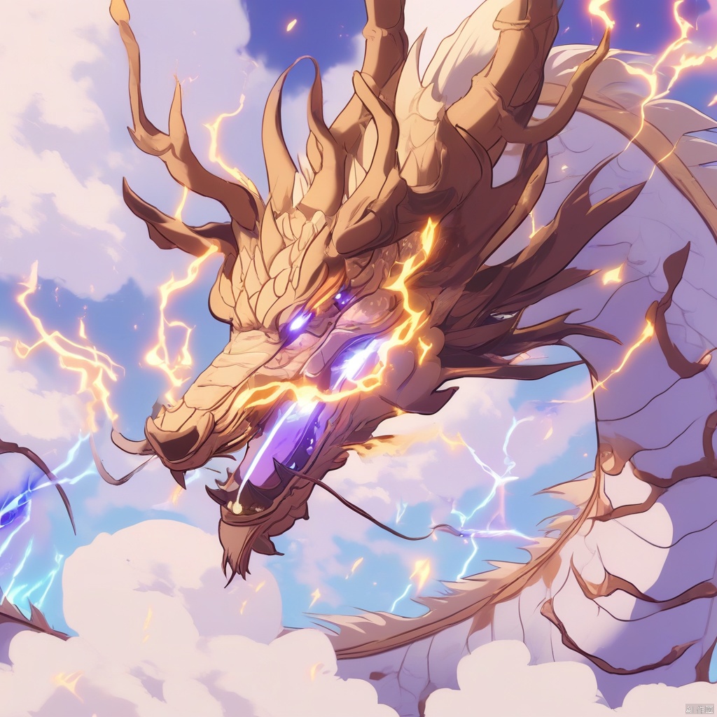 no humans, niji-style-1, dragon, cloud, electricity, sky, solo, horns
