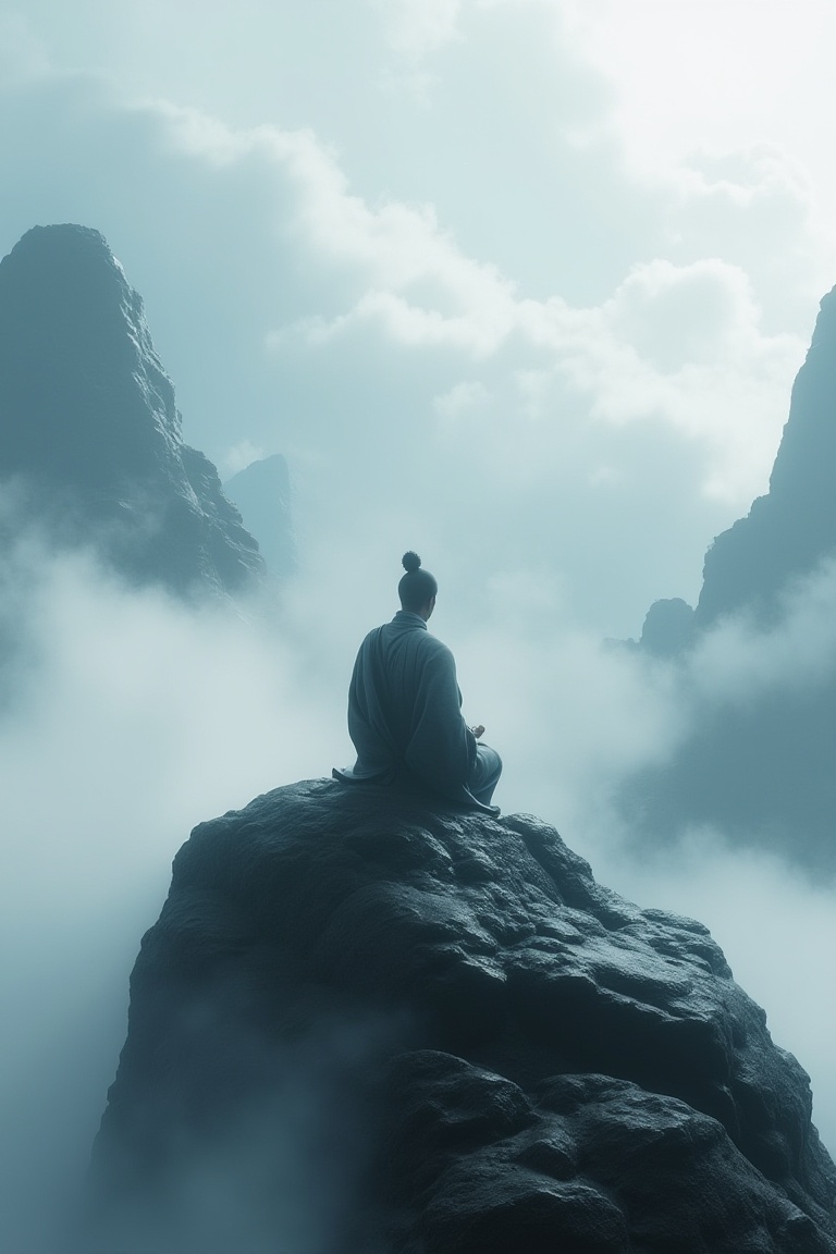 A monk meditating atop a misty mountain,  surrounded by swirling clouds,  game engine on Tensor.Art