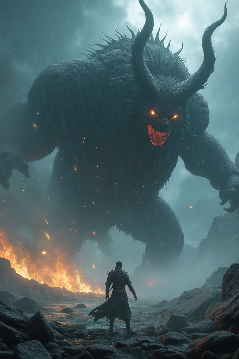 A stormy battle between a hero and a giant mythical beast,  game engine,  cgi on Tensor.Art